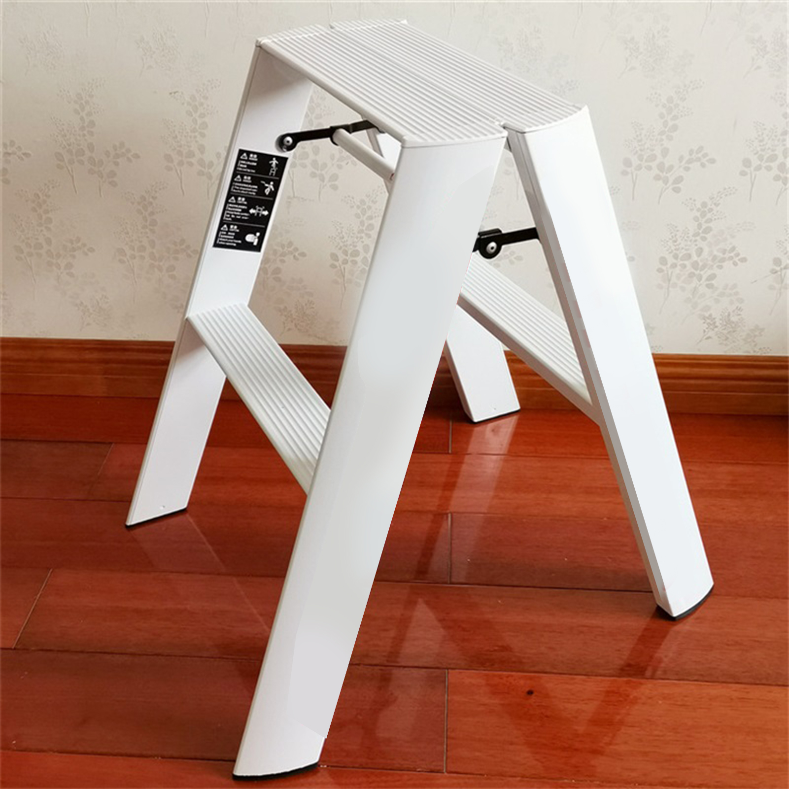 Klappbare 2-stufige Trittleiter Aus Verstärktem Aluminium, Stabil Und Robust, Weiß, Für Den Gebrauch Zu Hause Und In Innenräumen
