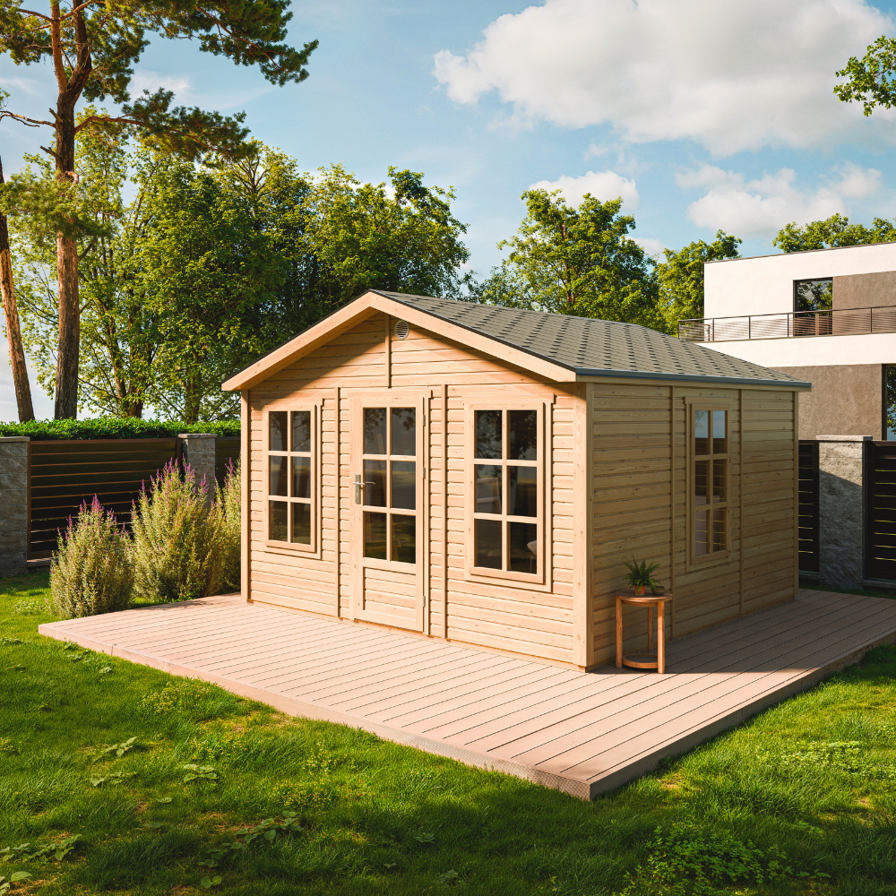 Timbela M735 Caseta Jardin Exterior De Madera 370 X 360 Cm, Cobertizo Jardin Exterior Con 3 Ventanas, Puerta Acristalada, Tejas Bituminosas Incluidas, Sin Suelo