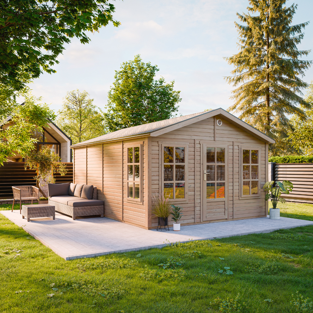Timbela M736 Caseta Jardin Exterior De Madera 370 X 480 Cm, Cobertizo Jardin Exterior Con 3 Ventanas, Puerta Acristalada, Tejas Bituminosas Incluidas, Sin Suelo
