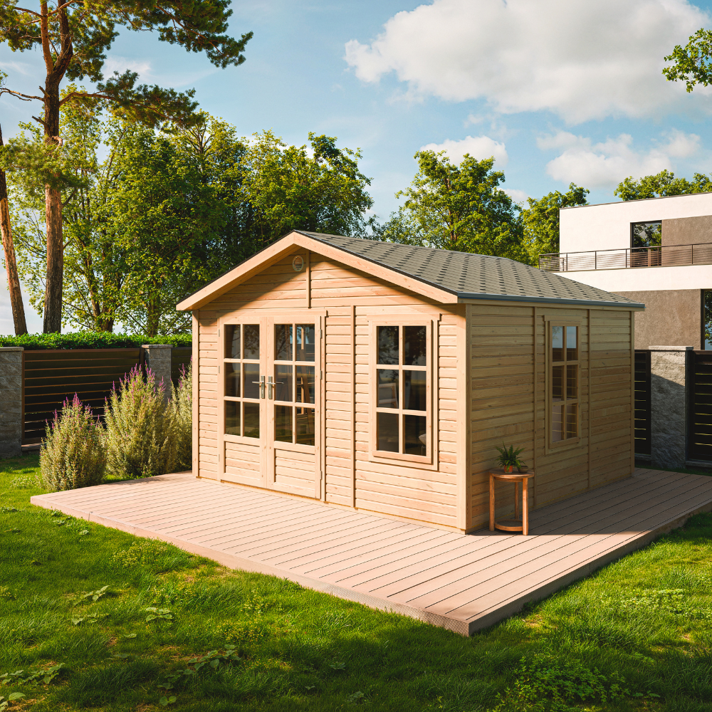 Timbela M735a Caseta Jardin Exterior De Madera 370 X 360 Cm, Cobertizo Jardin Exterior Con 3 Ventanas, Puertas Dobles, Tejas Bituminosas Incluidas, Sin Suelo