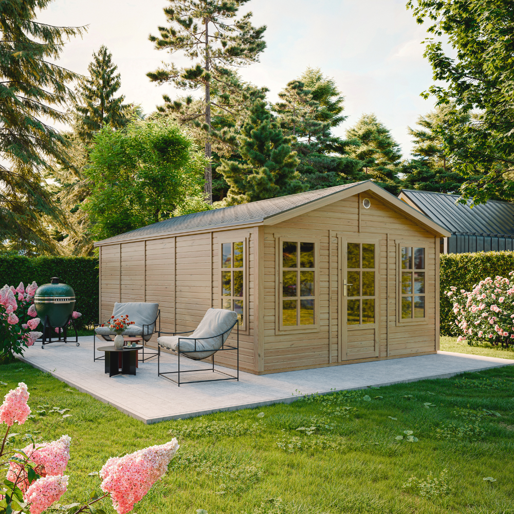 Timbela M737 Caseta Jardin Exterior De Madera 370 X 600 Cm, Cobertizo Jardin Exterior Con 3 Ventanas, Puerta Acristalada, Tejas Bituminosas Incluidas, Sin Suelo