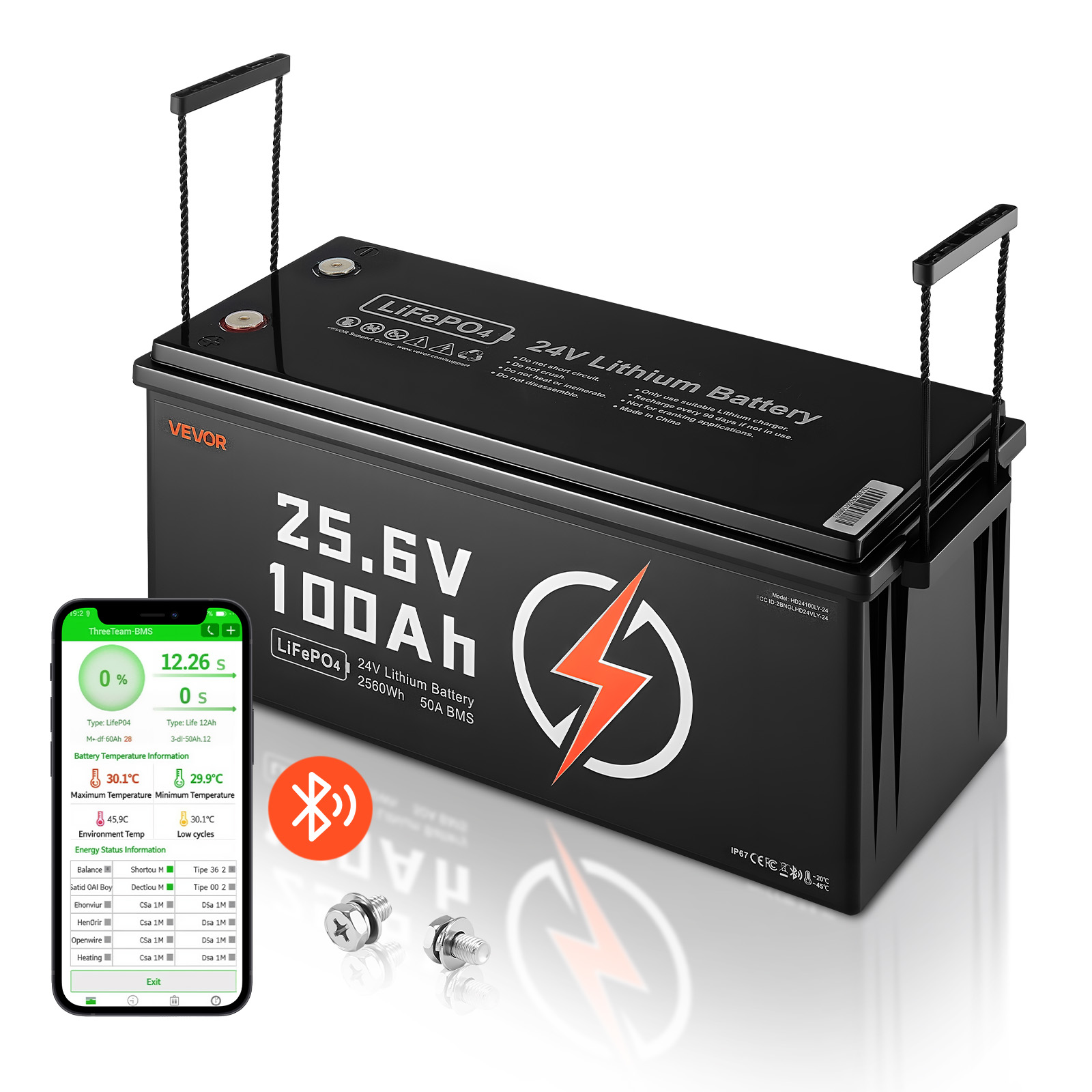 Vevor 24 V 100 Ah Lifepo4 Lithiumbatterie, Bluetooth, Deep Cycle Lithium-akku, Eingebautes 50 A Bms, Untertemperaturschutz, 4000+ Zyklen, Max. 2560 Wh, Für Wohnmobil, Camper, Trolling-motoren, Marine