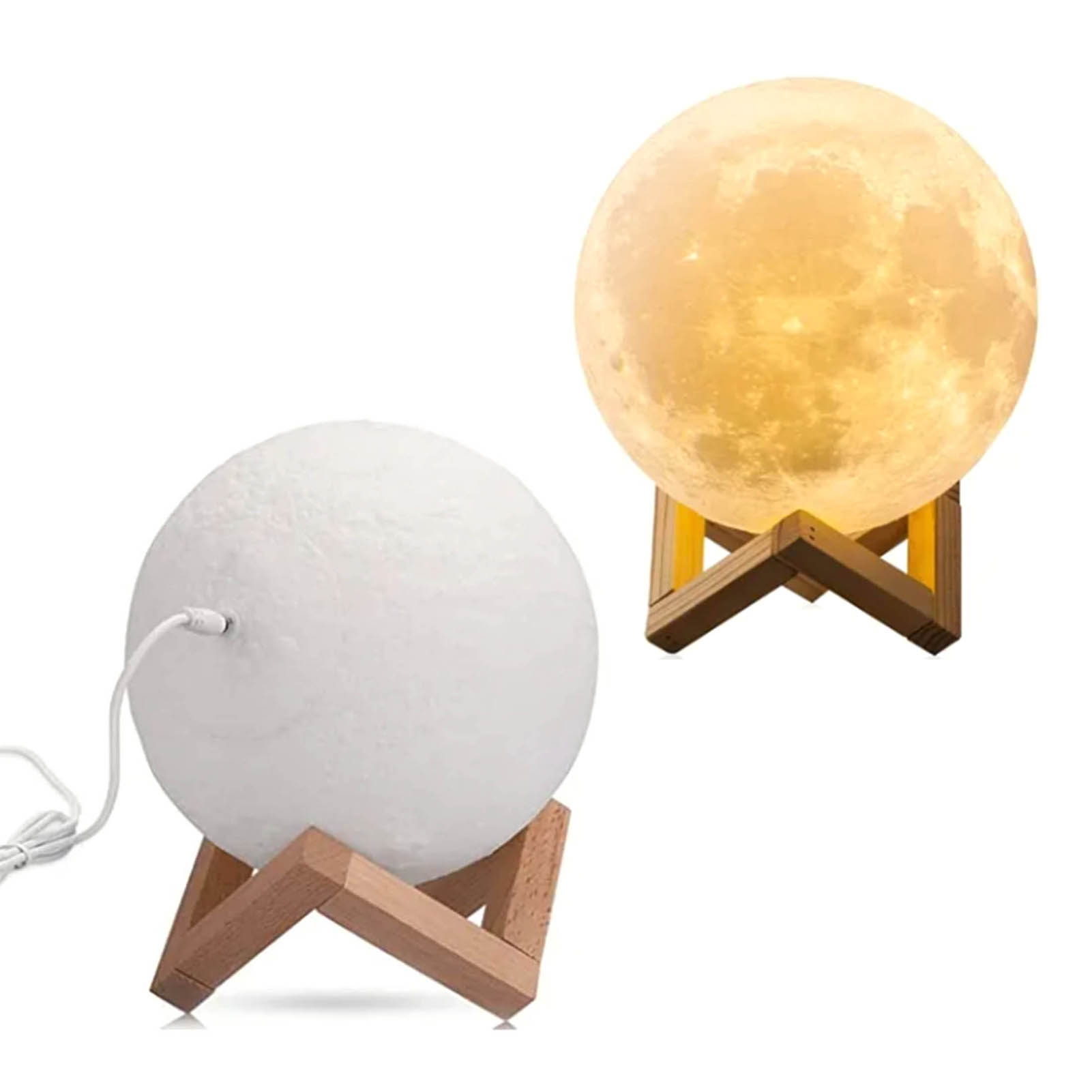 Mond-nachtlampe, Usb-wiederaufladbar, Zweifarbige Beleuchtung, Mondkugel Mit Holzständer, 8 Cm, Für Zuhause Und Schlafzimmer