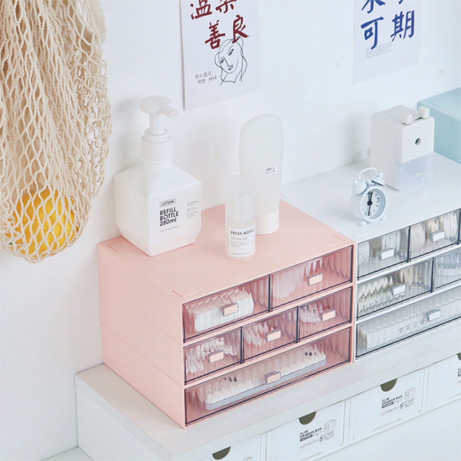 Schreibtisch-schubladenorganizer, Wasserdicht, Staubdicht, Kunststoff, Diy-kombination, Mehrlagig, Stapelbar, Schubladenaufbewahrungsbox, Gestreift, Rosa, 3 Schubladen