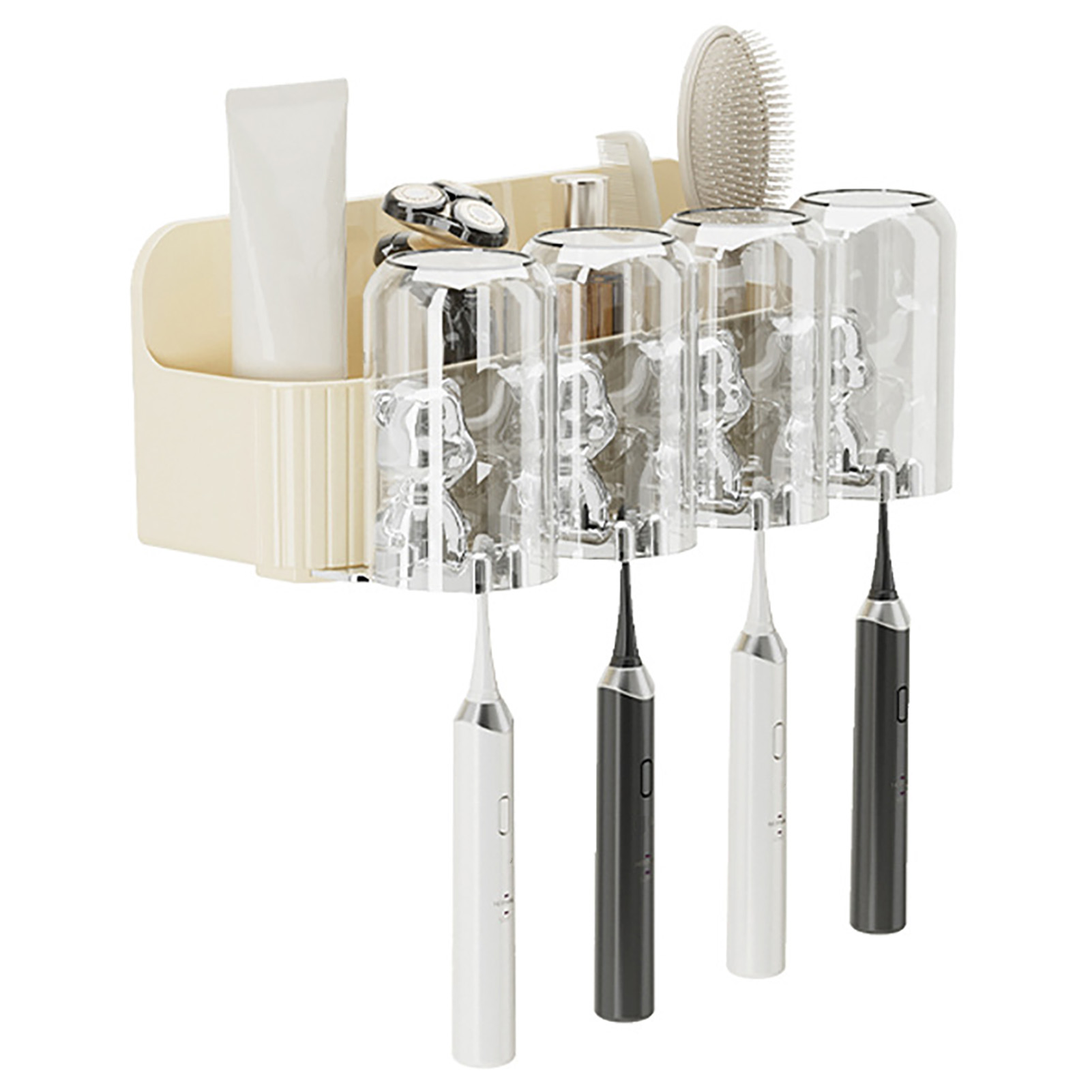 Niedliches Bären-zahnbürstenregal Mit Automatischem Zahnpasta-drücker, Aus Kunststoff, Platzsparend, Zur Wandmontage, Für 4 Zahnbürstenbecher.