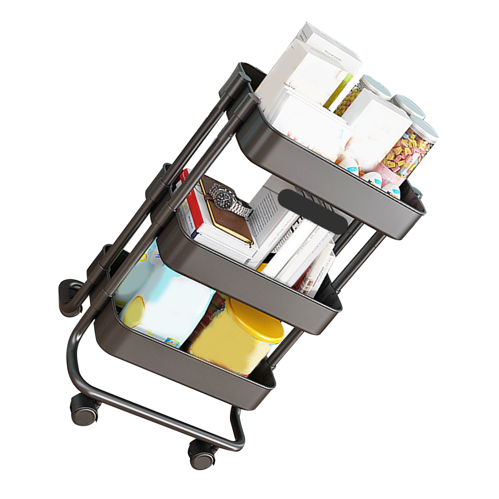 3-stöckiger Rollwagen Aus Metall, Vielseitig Einsetzbar Für Büro, Bad, Küche, Kinderzimmer, Waschküche, Schwarz, Mit Rollen