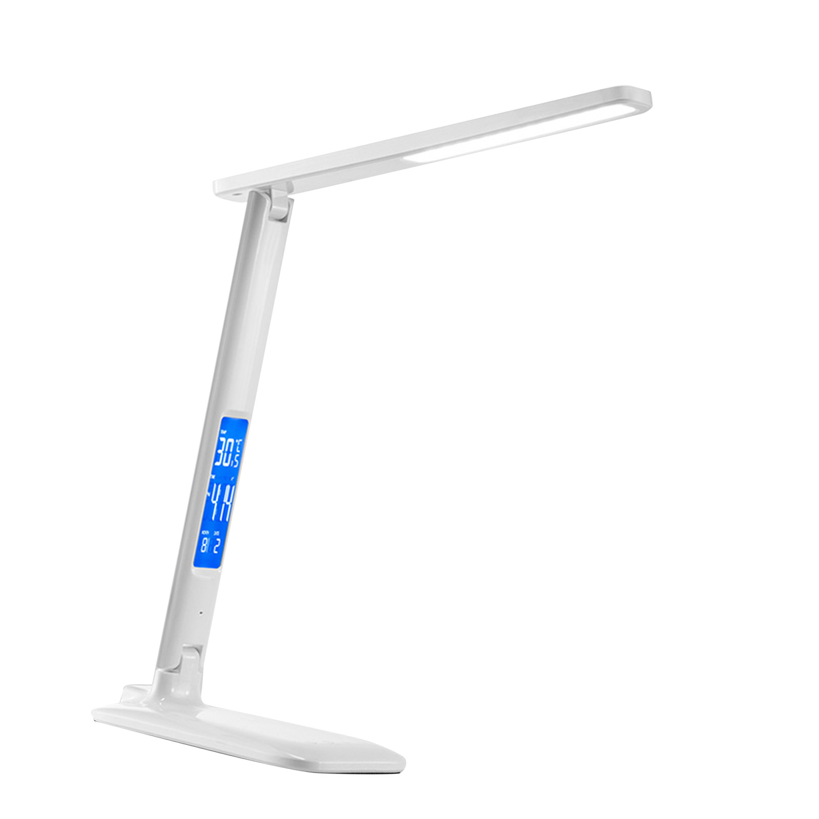 Led-schreibtischlampe 10w Mit Kabelloser Ladefunktion, Augenschutz, Leselicht, Kalender, Temperaturanzeige Und Wecker (weiß)