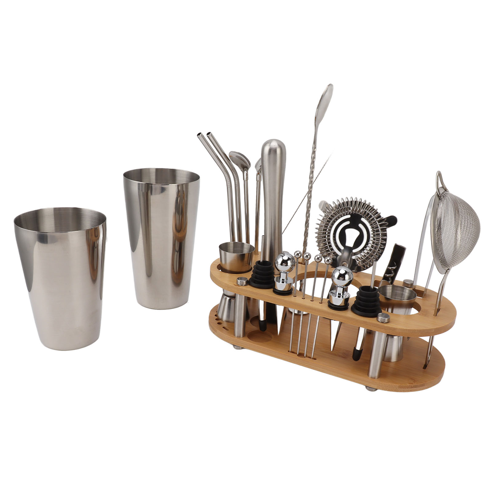 Cocktailshaker-set Aus Edelstahl Mit Bambusständer, Komplettes Cocktailzubehör Für Partys, Clubs Und Bars