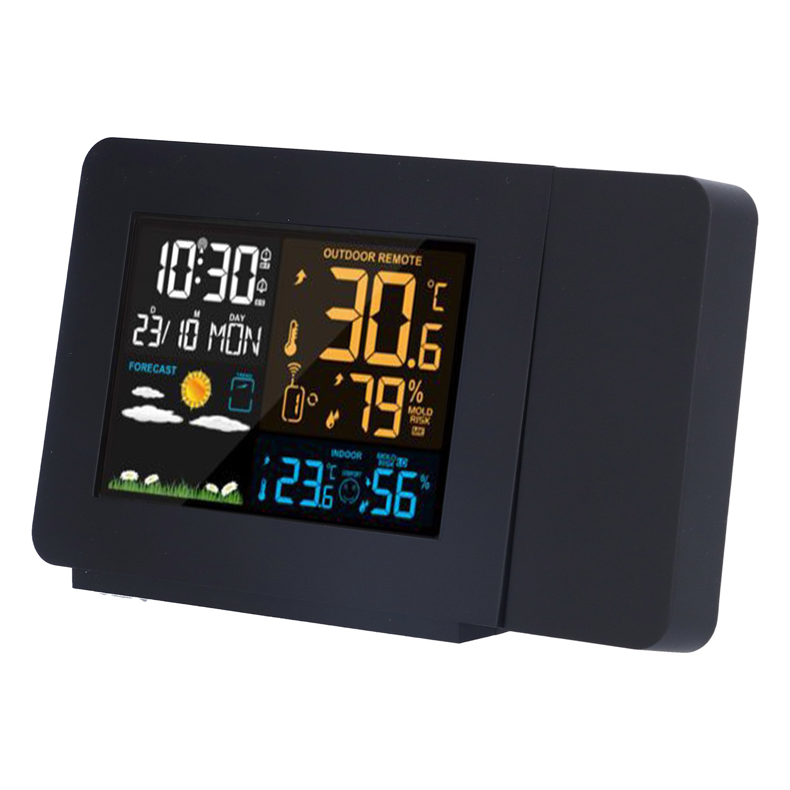 Multifunktionale Wetteruhr Mit Farbprojektion, Schwarzem Tragbarem Feuchtigkeitsthermometer, Eu-stecker 220 V