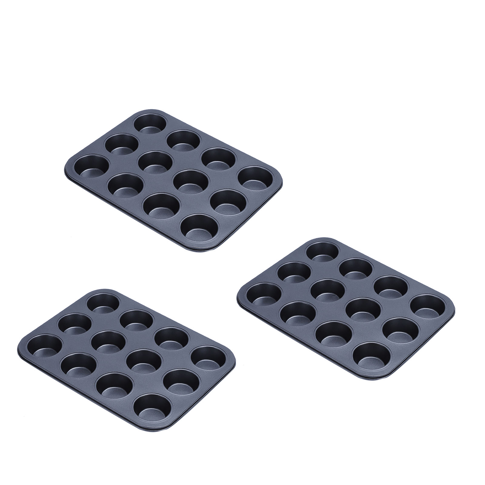 3er-set Backformen Aus Kohlenstoffstahl Mit 12 Mulden, Antihaftbeschichtet, Rund, Für Cupcakes, Muffins, Eierkuchen, Kuchen, Cupcakes Und Eierkuchen, Schwarz