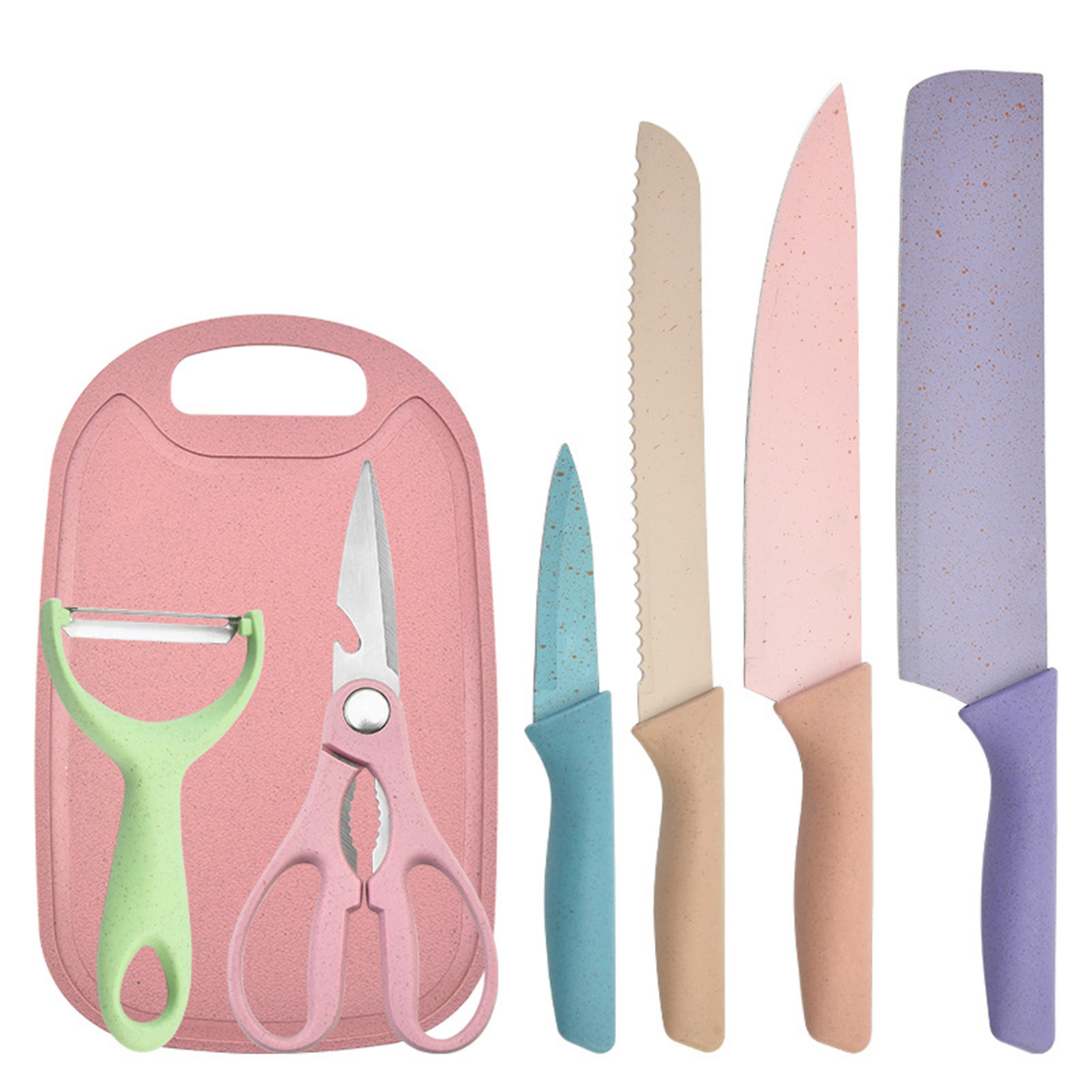 7-teiliges Messerset Aus Weizenstroh: Kochmesser, Brotmesser, Schälmesser, Schere, Sparschäler Und Schneidebrett