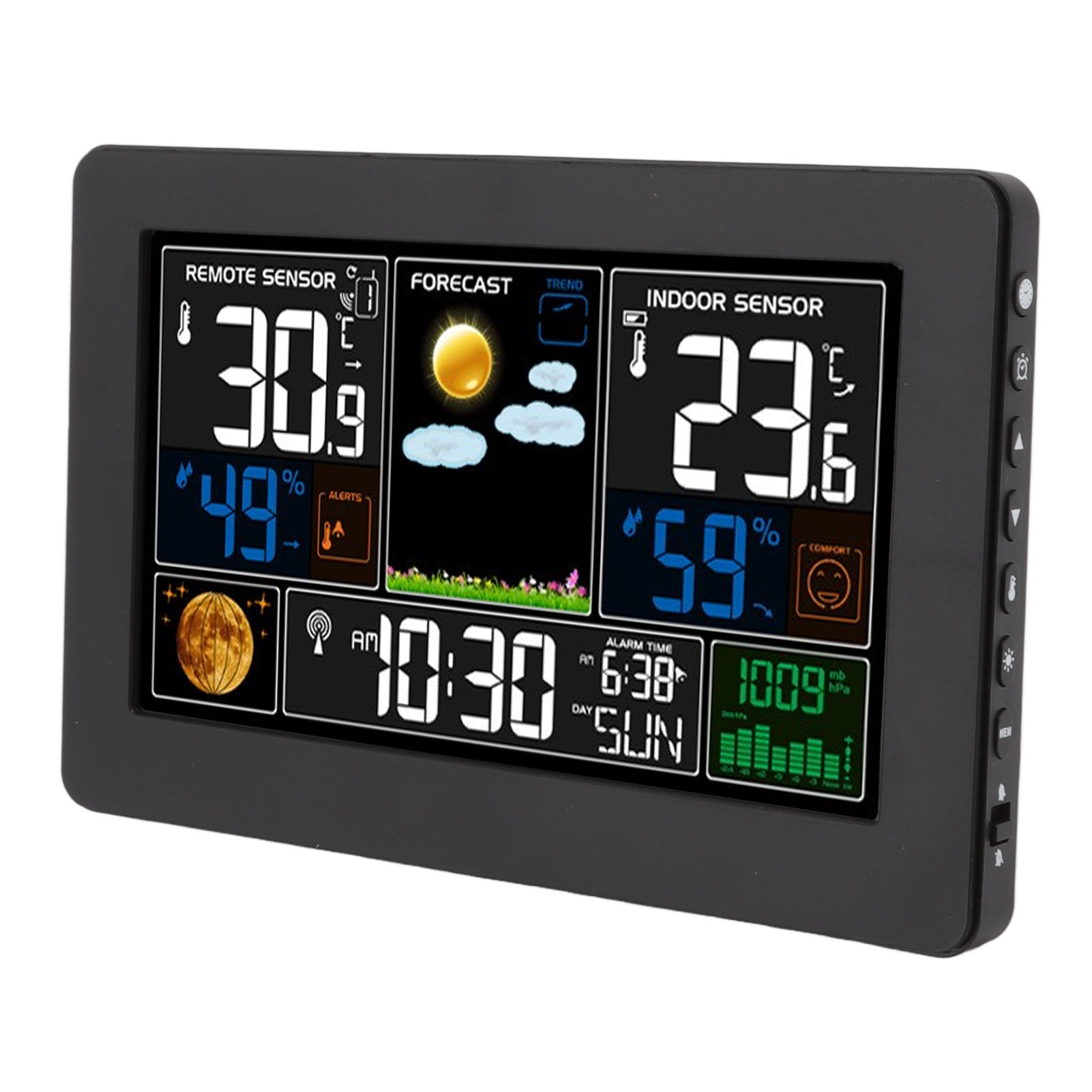 Wetteruhr Mit Großem Farbdisplay, Multifunktionsanzeige Für Drinnen Und Draußen, Temperatur, Luftfeuchtigkeit Und Luftdruck, Eu-stecker 100–240 V