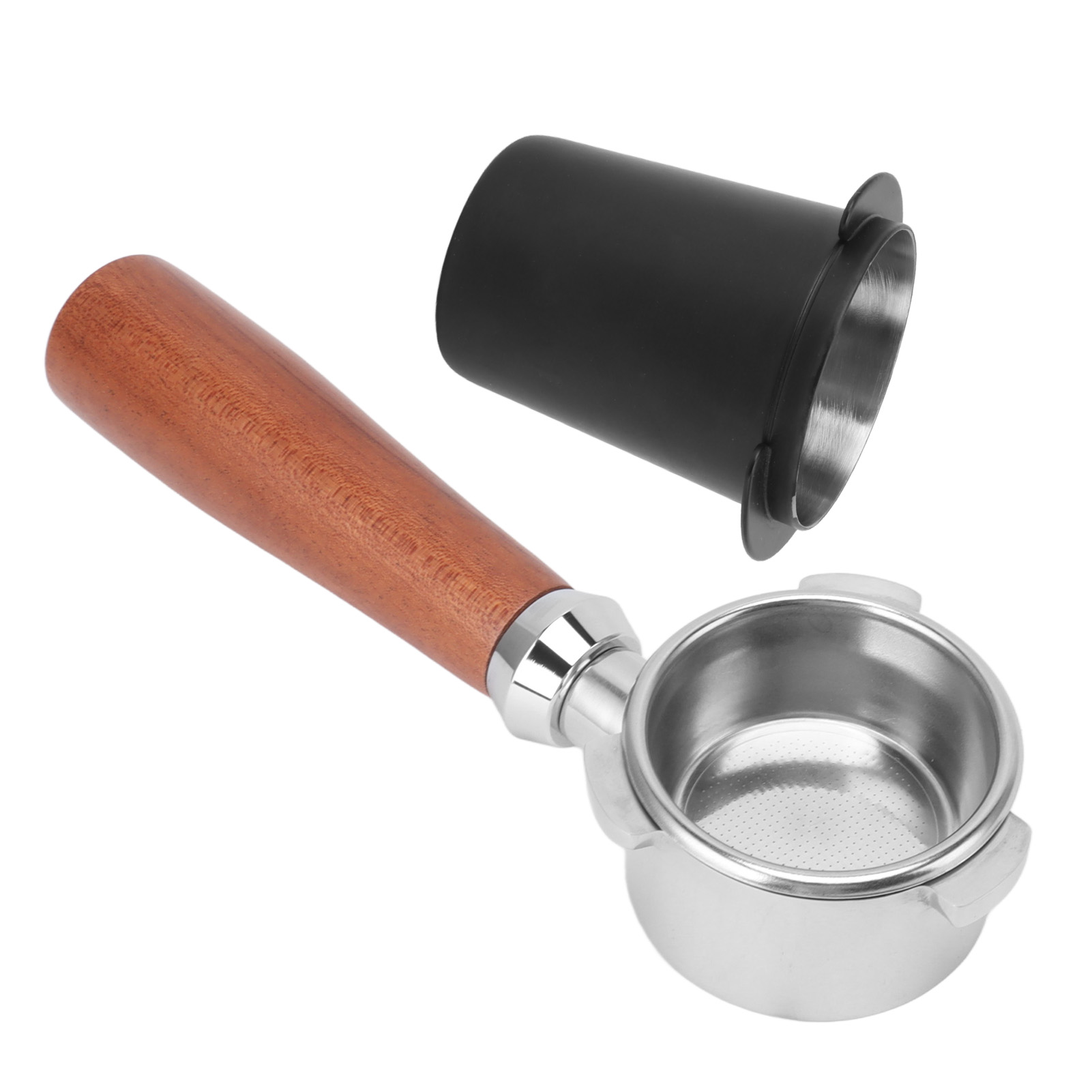 Bodenloser Siebträger Aus Edelstahl Mit Pulverauffangschale Und Holzgriff, 51 Mm / 2 Zoll, Schwarz