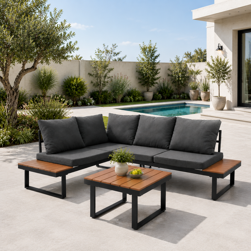 Homavo Garten-lounge-set 4 Personen Mit Ecksofa In L-form Und Couchtisch, Dicke Sitz- Und Rückenkissen, Gartenmöbel-set Mit Schutzhülle Für Terrasse, Balkon Und Garten