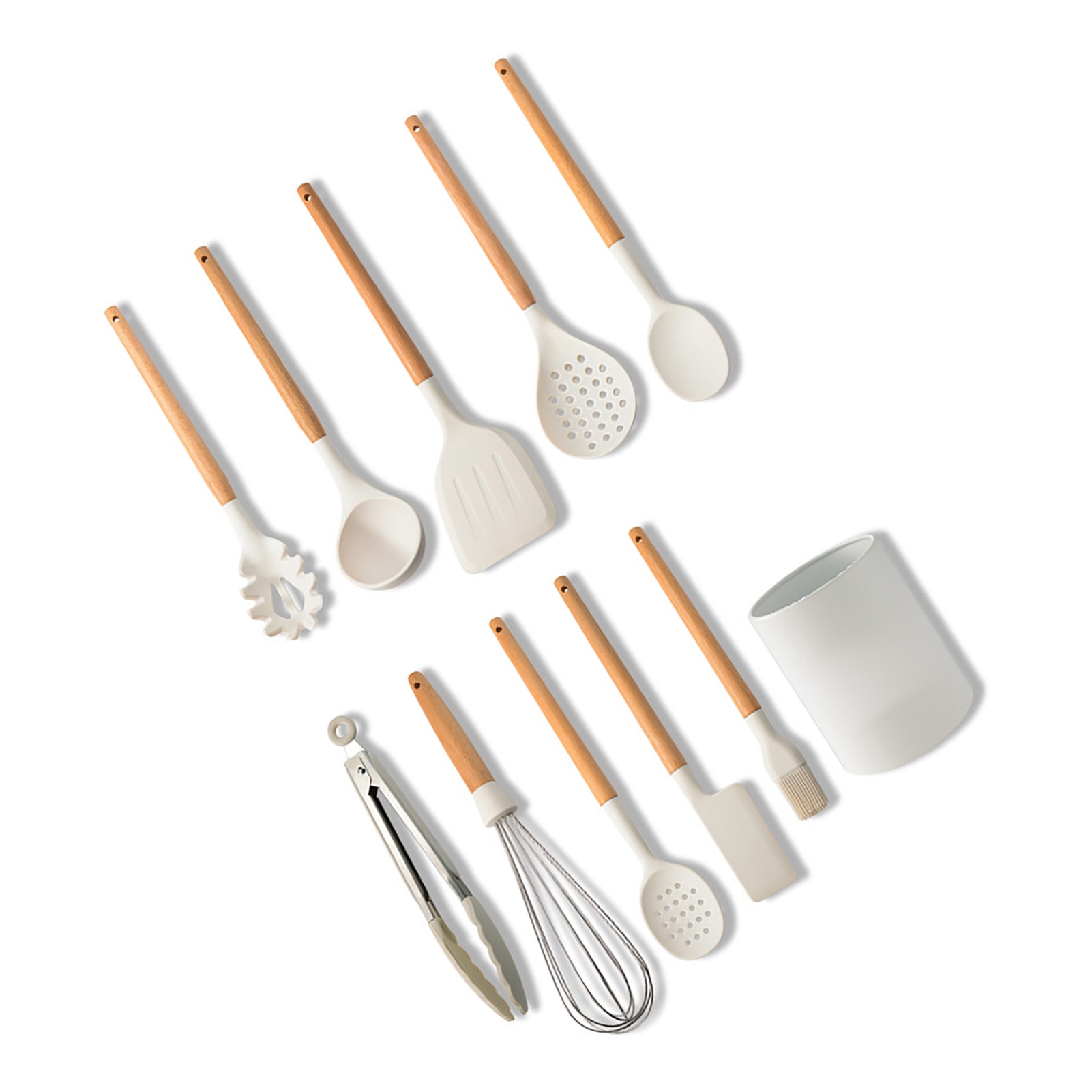 10-teiliges Küchenhelfer-set Aus Silikon Mit Halter, Antihaftbeschichtet, Hitzebeständig, Kochlöffel-set, Milchig-weiß