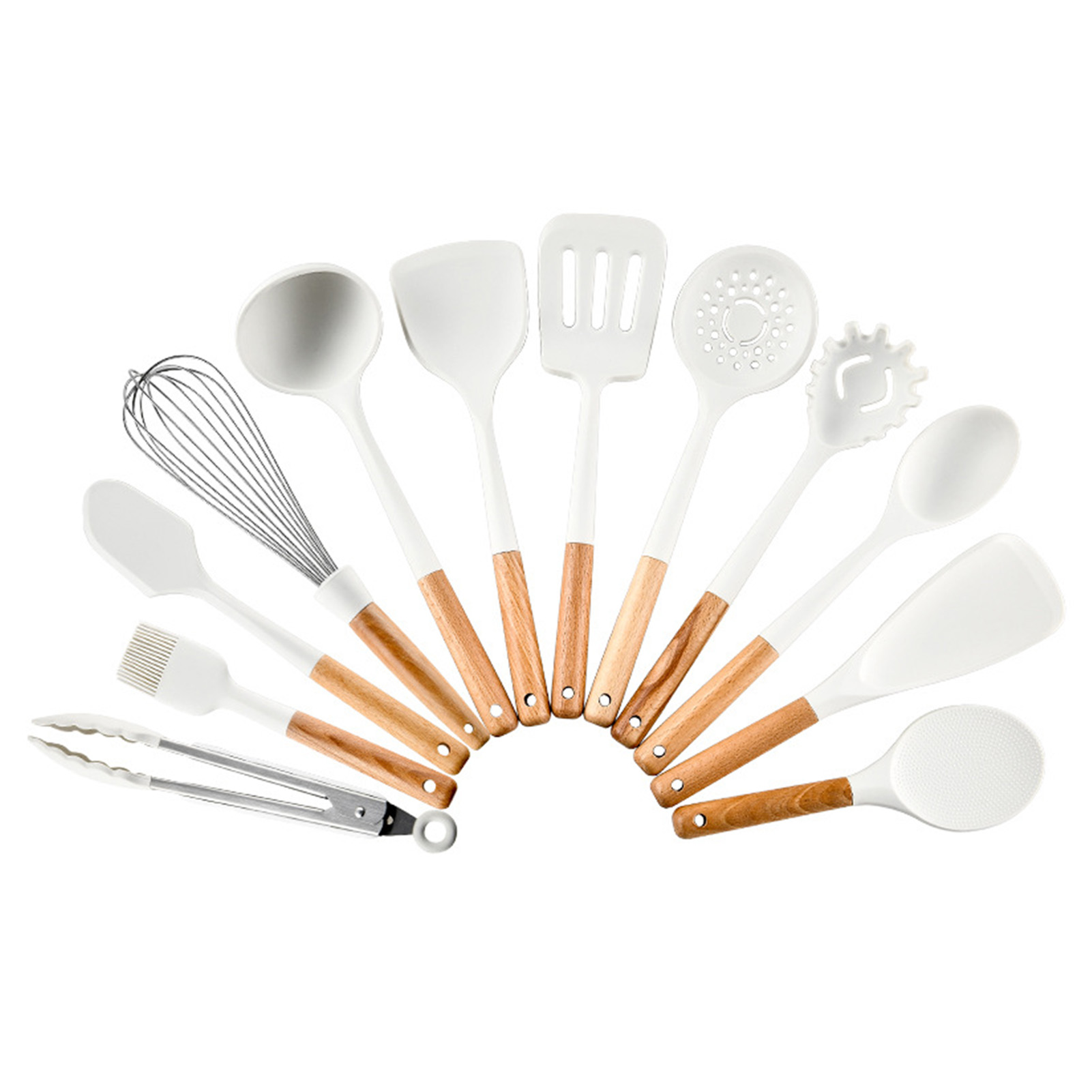 12-teiliges Küchenhelfer-set Aus Silikon Mit Holzgriffen, Hitzebeständig, Inklusive Halterung, Weiß