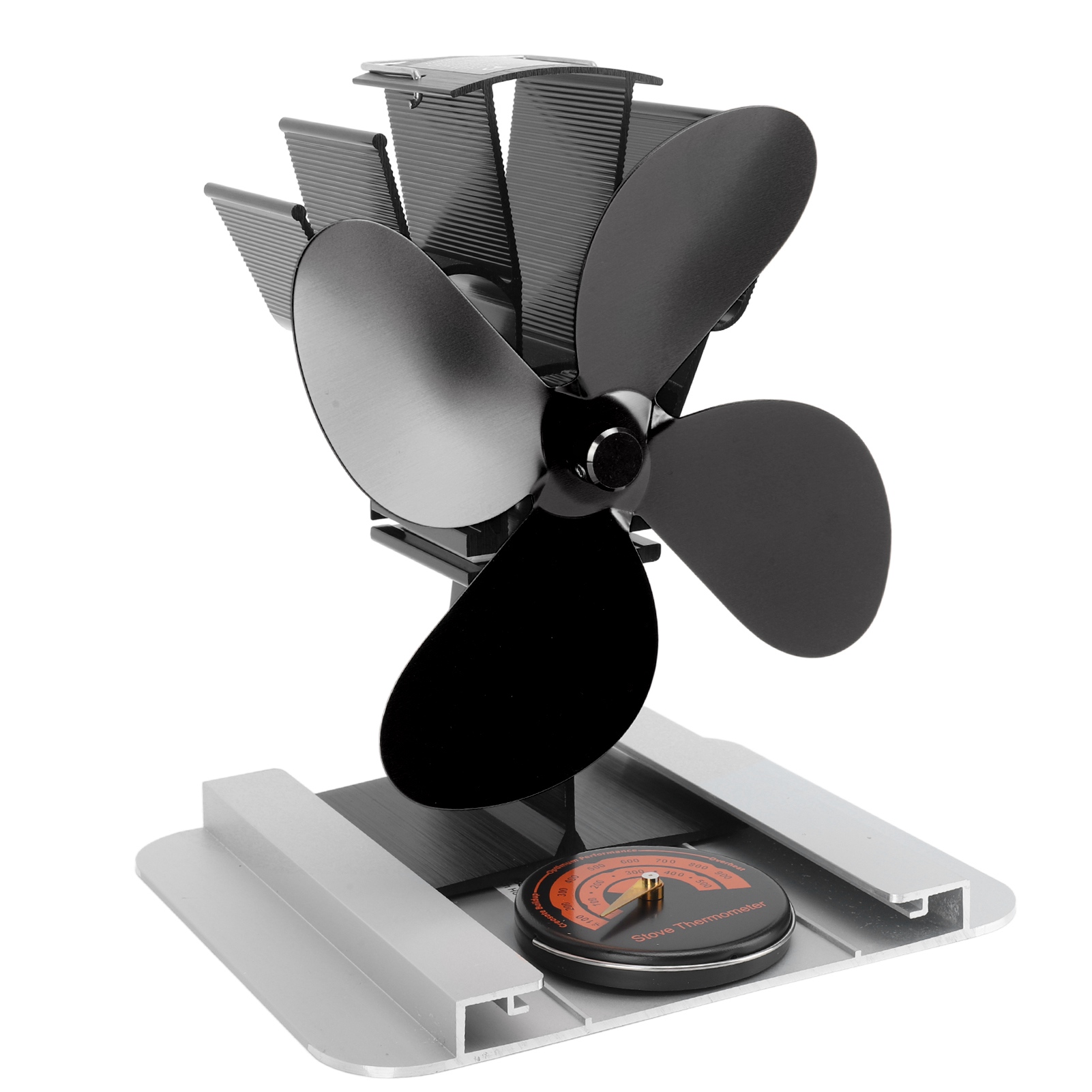 4-blatt-ofenlüfter Mit Hitzeschutz Und Thermometer, Aluminiumlegierung, Geräuschlos, Für Holzöfen, Schwarz