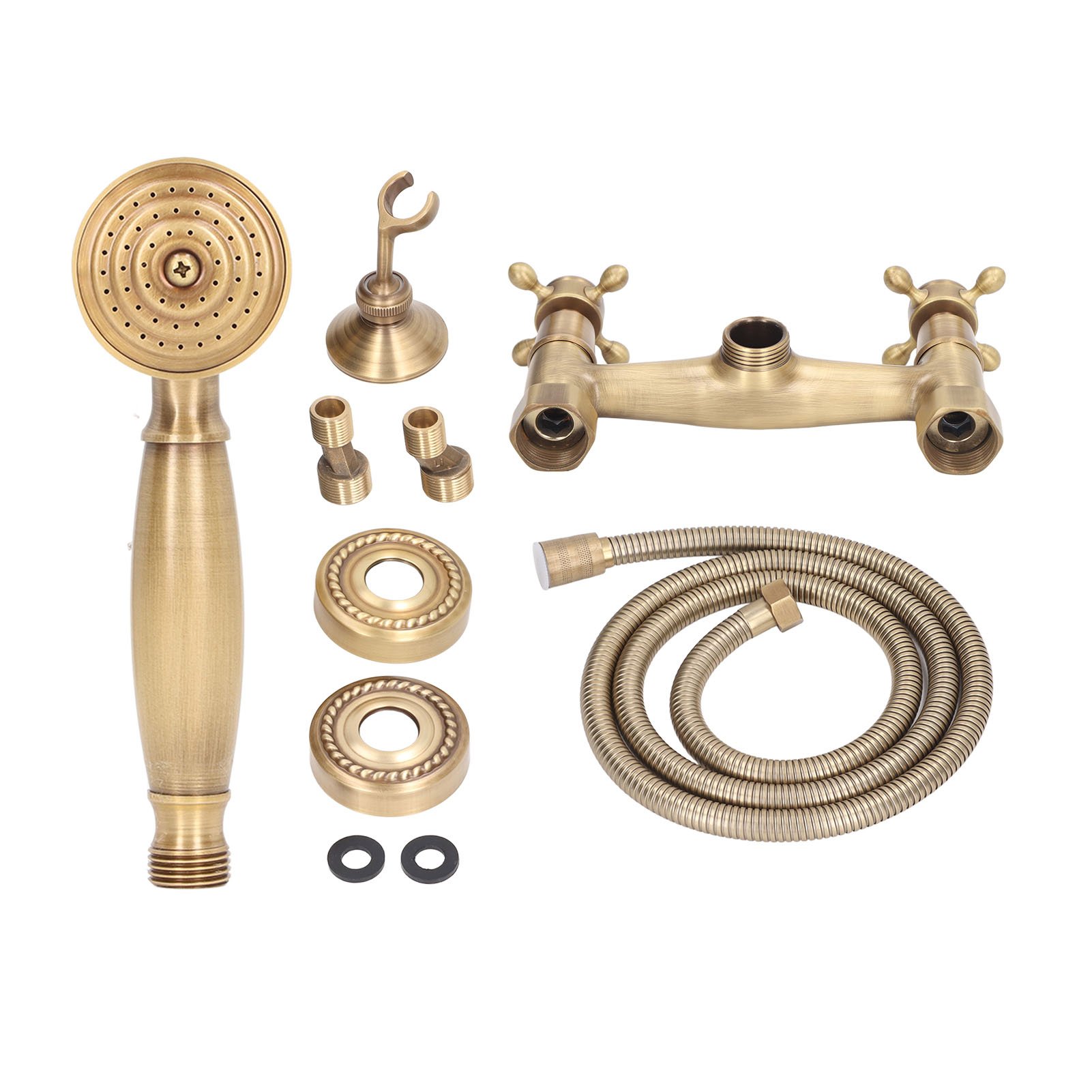 Antikes Messing-duscharmaturensystem Mit Handbrausekopf Und Wandmontiertem Kreuzgriff