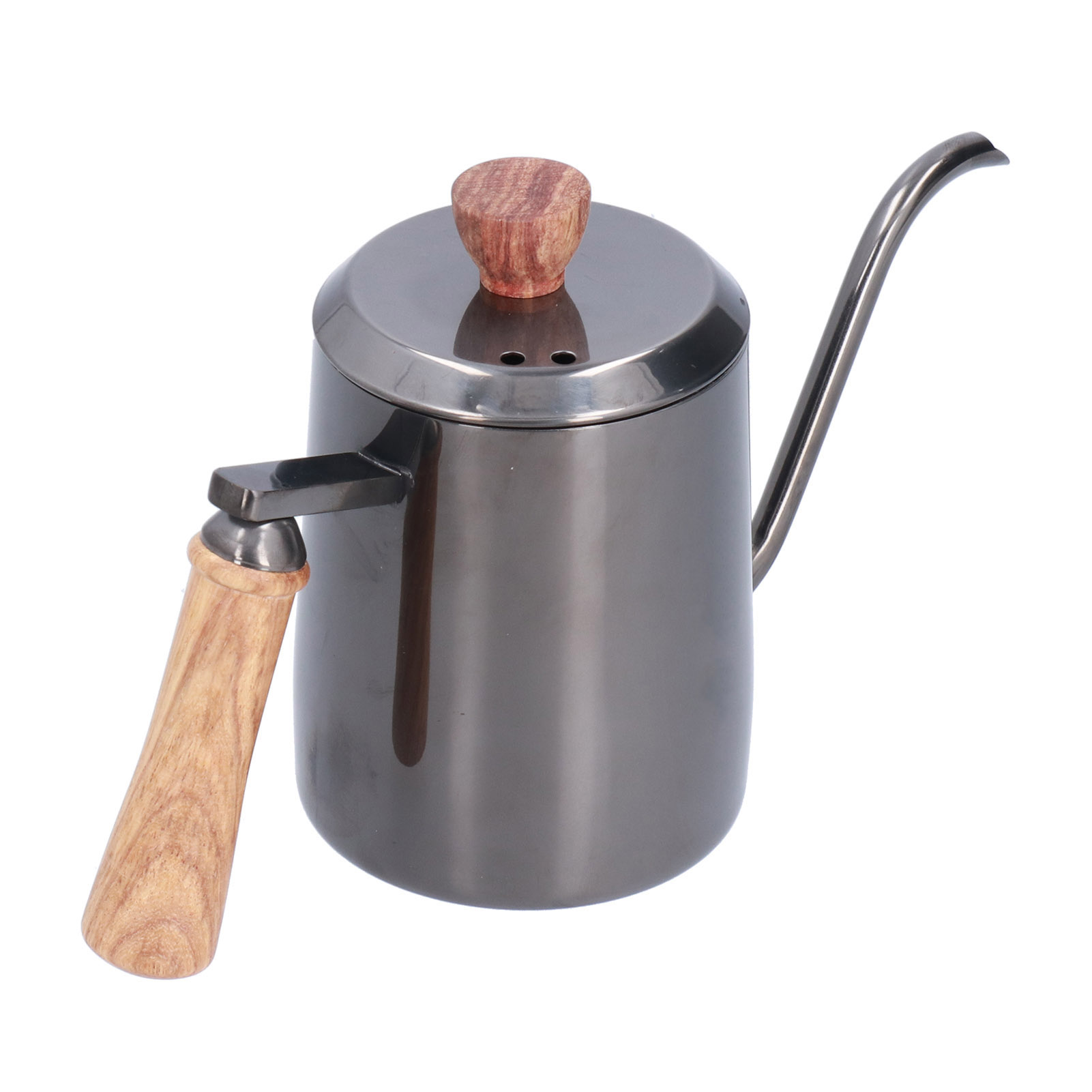 600 Ml Edelstahl-kaffeekanne Mit Langem, Schmalem Ausguss Und Holzgriff, Grau