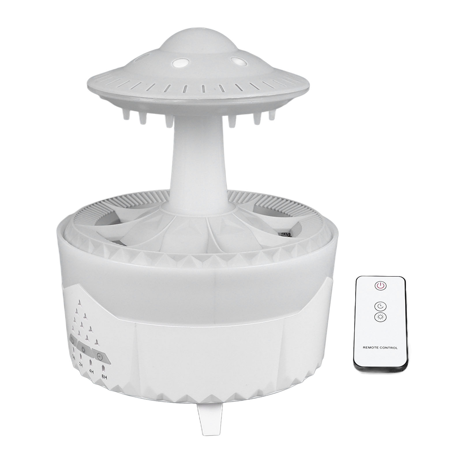 Mini-luftbefeuchter In Pilzform Mit Simuliertem Regentropfenaroma, Farbiger Beleuchtung, Fernbedienung, Eu-stecker (100–240 V), Weiß