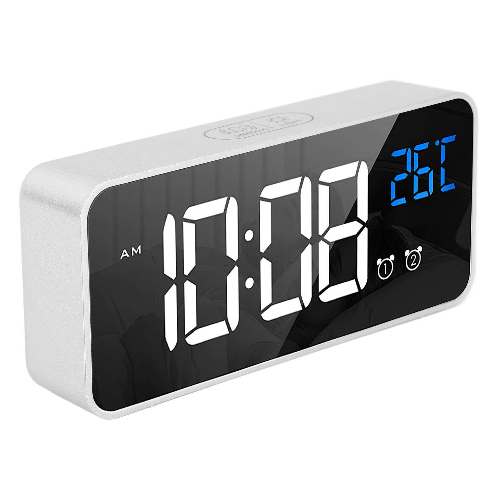 Spiegel-led-wecker Mit Zwei Weckzeiten, Wiederaufladbar, Sprachgesteuert, Digital, Für Schlafzimmer Und Nachttisch, Silber