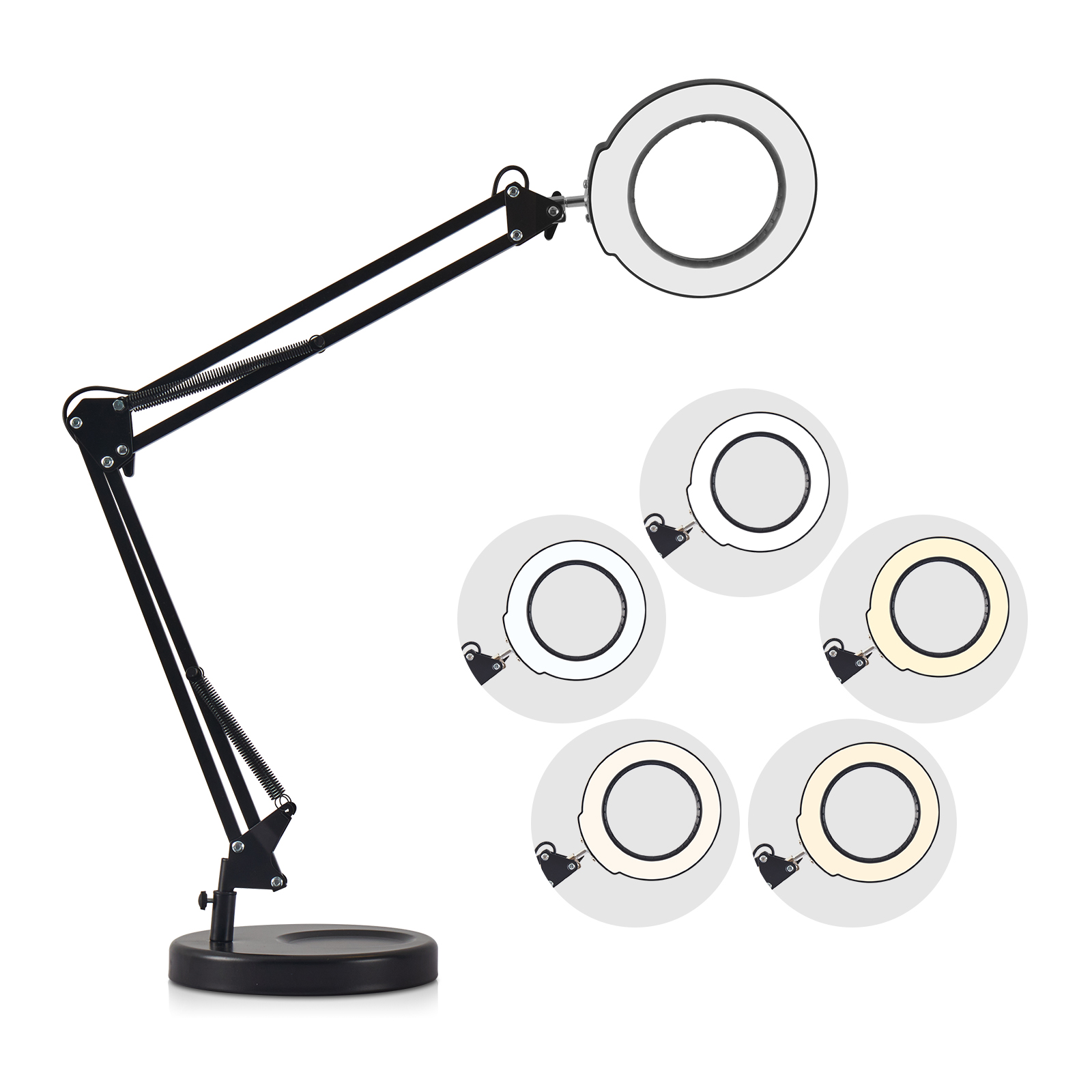 Berührungsempfindliche Schreibtischlampe Mit 5-facher Vergrößerung, Gelenkarm, Fünf Farbtemperatureinstellungen, Schwarz.