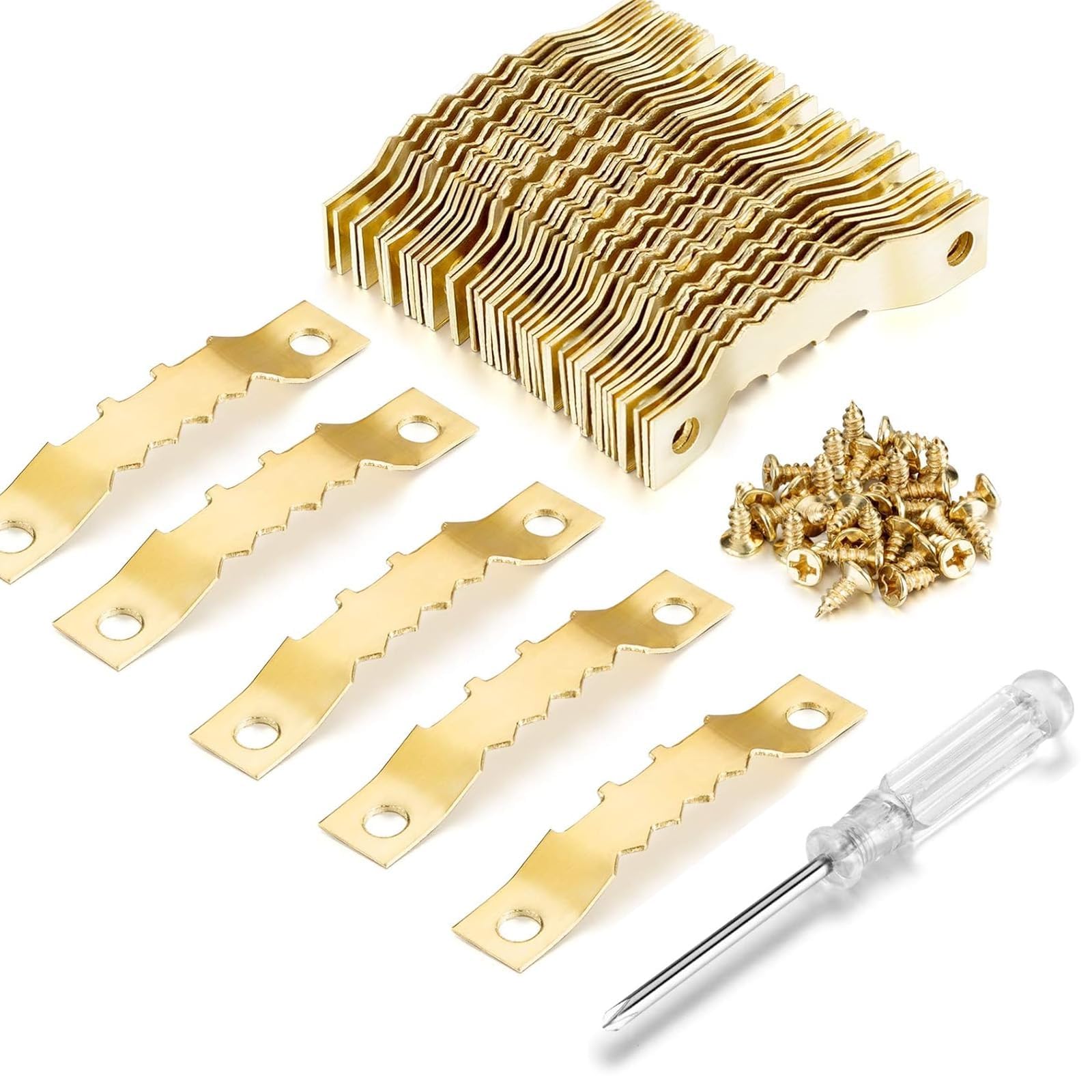 50-teiliges Set Goldener Sägezahn-bilderhaken Mit 100 Schrauben Und Schraubendreher – Wandmontage-set Für Bilderrahmen
