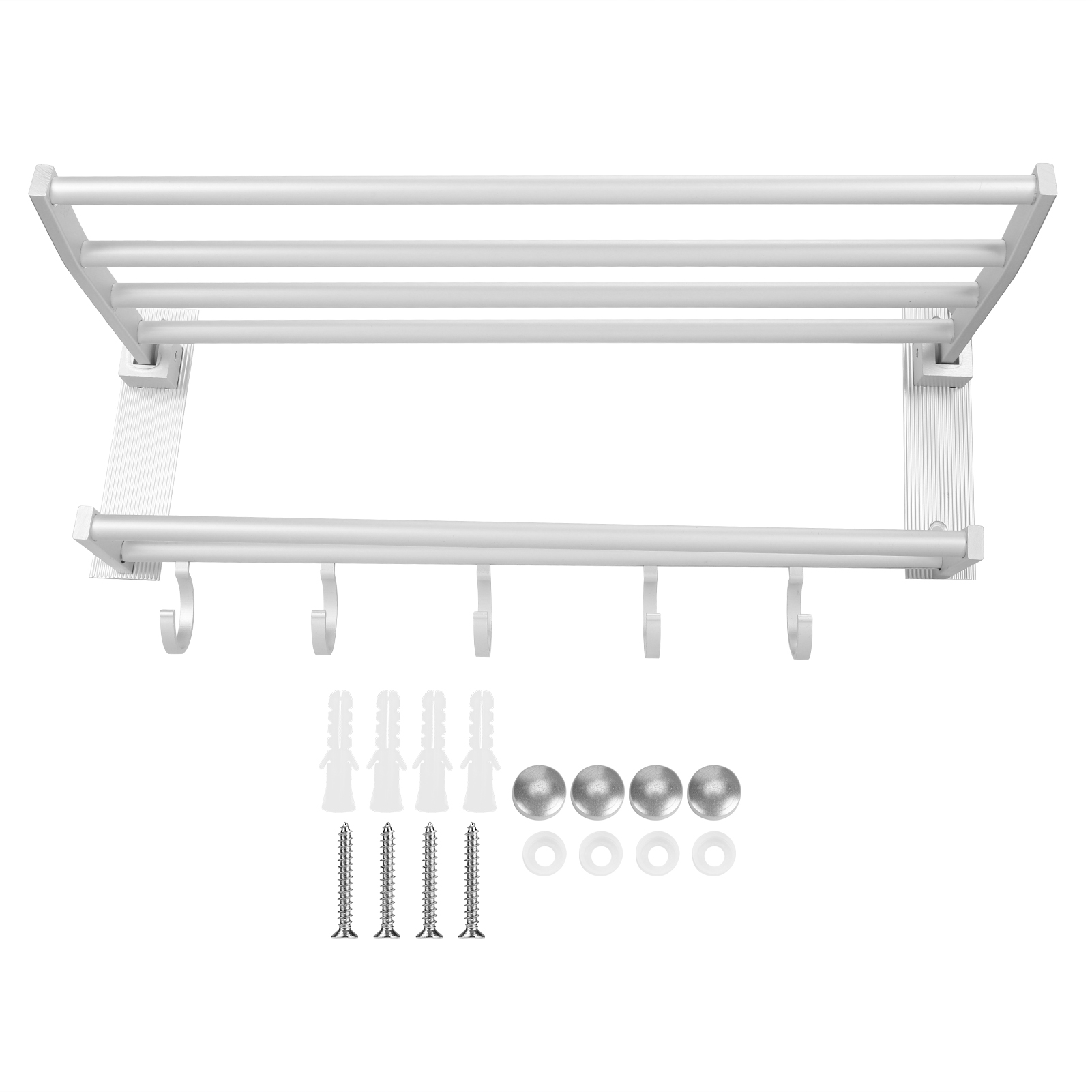 Zusammenklappbares Duschregal Aus Aluminium, 40 Cm Lang, Mit Handtuchhalter Und Garderobenhaken, 5 Haken, Silberfarben.