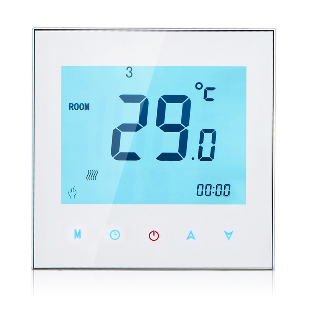 Wandmontierter, Berührungsempfindlicher, Hintergrundbeleuchteter Heizungsregler Mit 6+1 Wochenprogrammen, Ntc-sensor, ±1°c Genauigkeit Und Speicher Für Schwachlastzeiten.