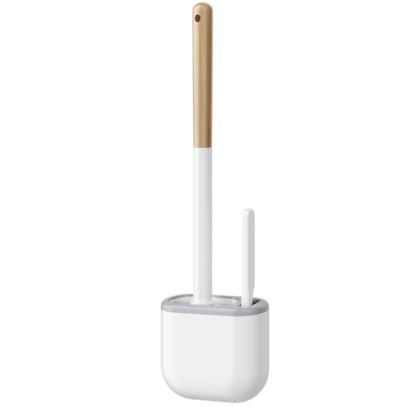 2-in-1-toilettenbürste Mit Langem Holzgriff, Wandmontage, Silikonkopf Für Gründliche Reinigung, Weiß