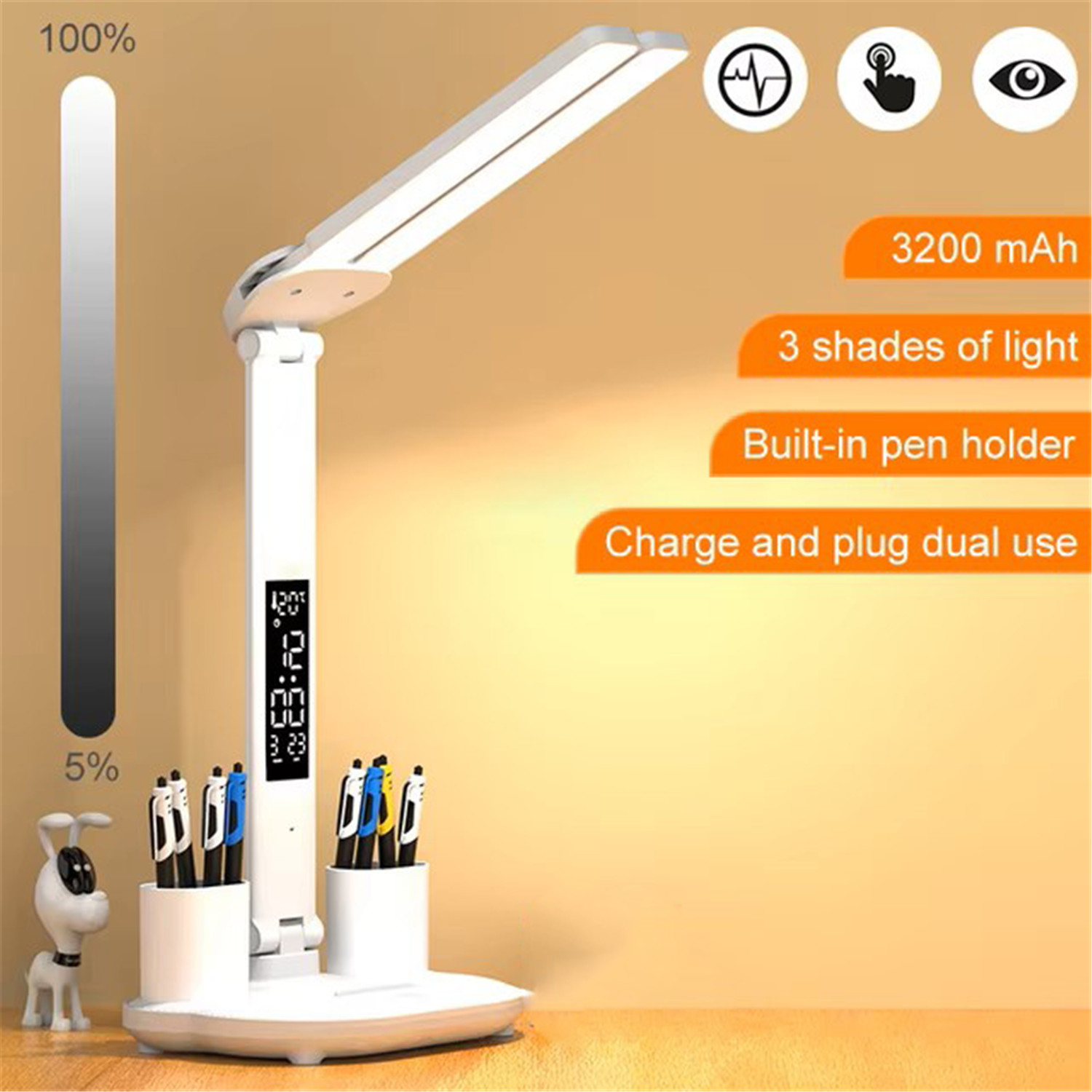 Wiederaufladbare Led-schreibtischlampe (3200 Mah), Faltbar, Zwei Arme, Touch-steuerung, Stufenlose Dimmfunktion, Uhr, Thermometer, Ständer