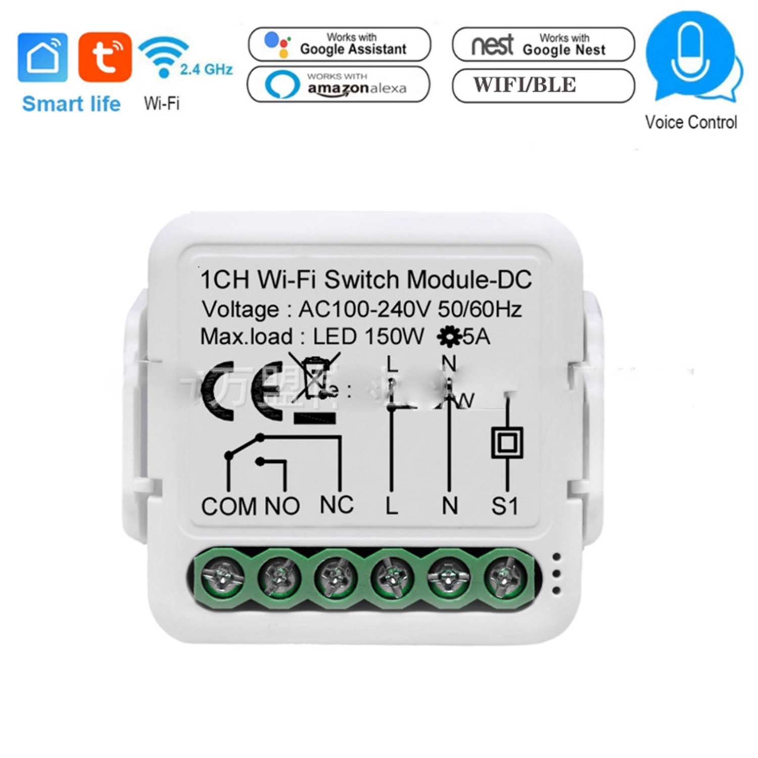 Wlan-trockenkontaktmodul, 1 Kanal Für Wlan/zigbee-fernsteuerungsrelais, Universelles Trockenkontaktrelais 5 V Dc/12–48 V Und 100–240 V Ac