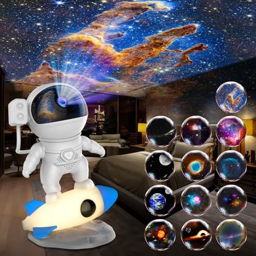 Astronautenraketenprojektor Fürs Kinderzimmer, Sternenprojektionslampe Mit 12 Usb-galaxiefilmen, Verstellbares Nachtlicht