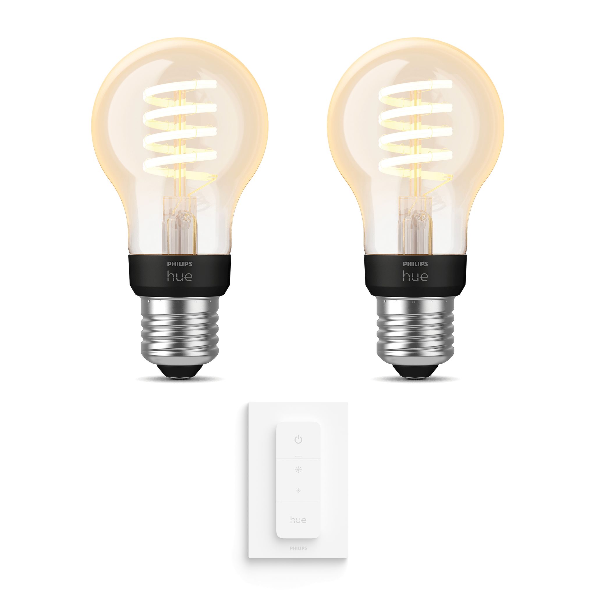 Philips Hue Erweiterungspaket E27 Mit 2 Filament Standard Lampen (a60) Warm Bis Kaltweißes Licht - Inkl. 1 Dimmschalter - White Ambiance