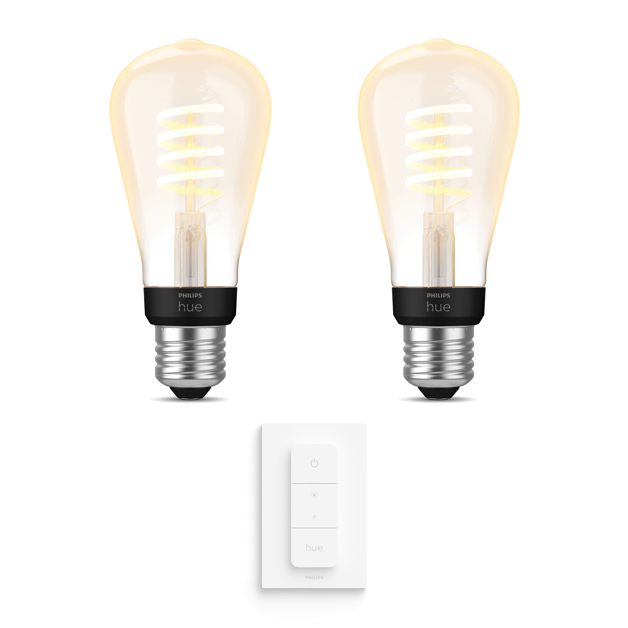 Philips Hue Erweiterungspaket E27 Mit 2 Filament Edison Glühbirnen Klein (st64) Warm Bis Kaltweißes Licht - Inkl. 1 Dimmschalter - White Ambiance