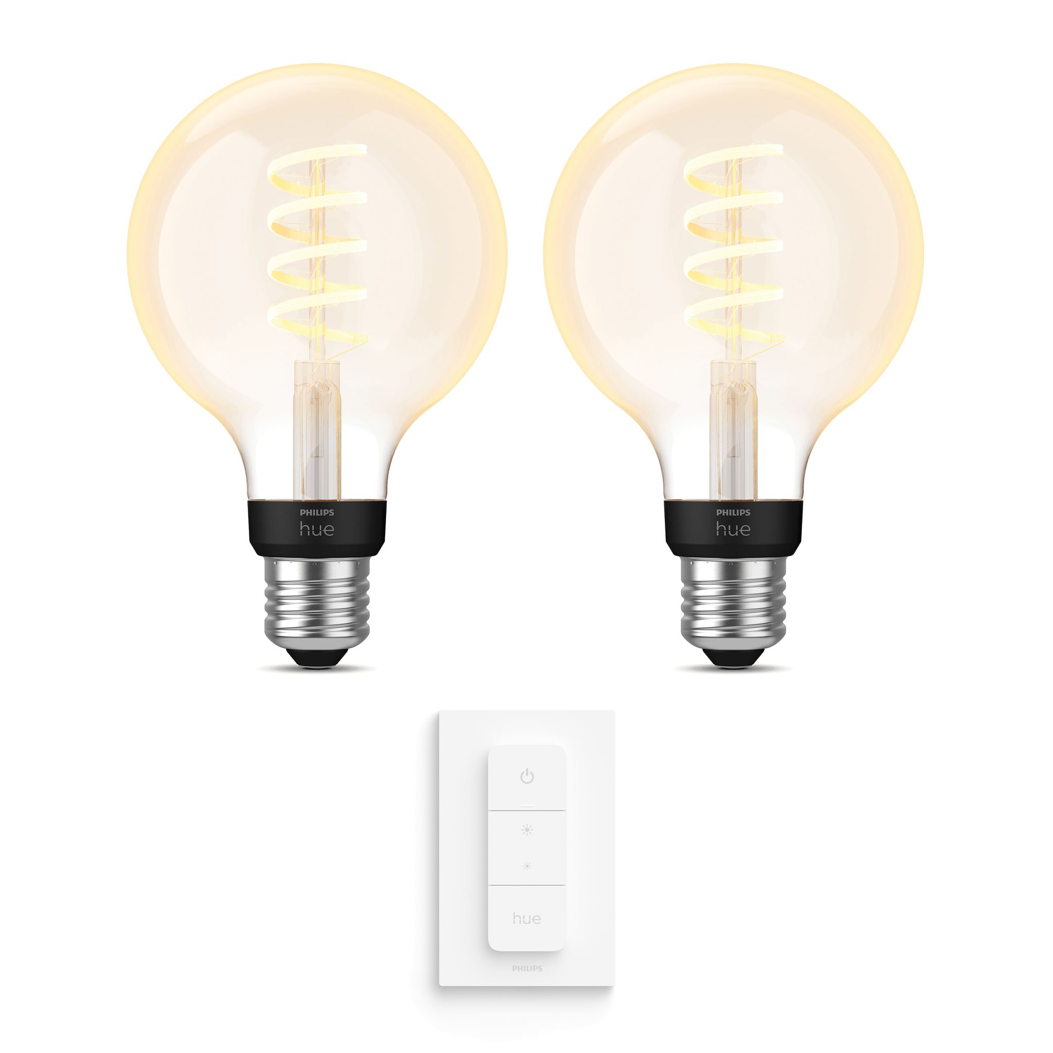Philips Hue Erweiterungspaket E27 Mit 2 Filament Globe Lampen Klein (g93) Warm Bis Kaltweißes Licht - Inkl. 1 Dimmschalter - White Ambiance