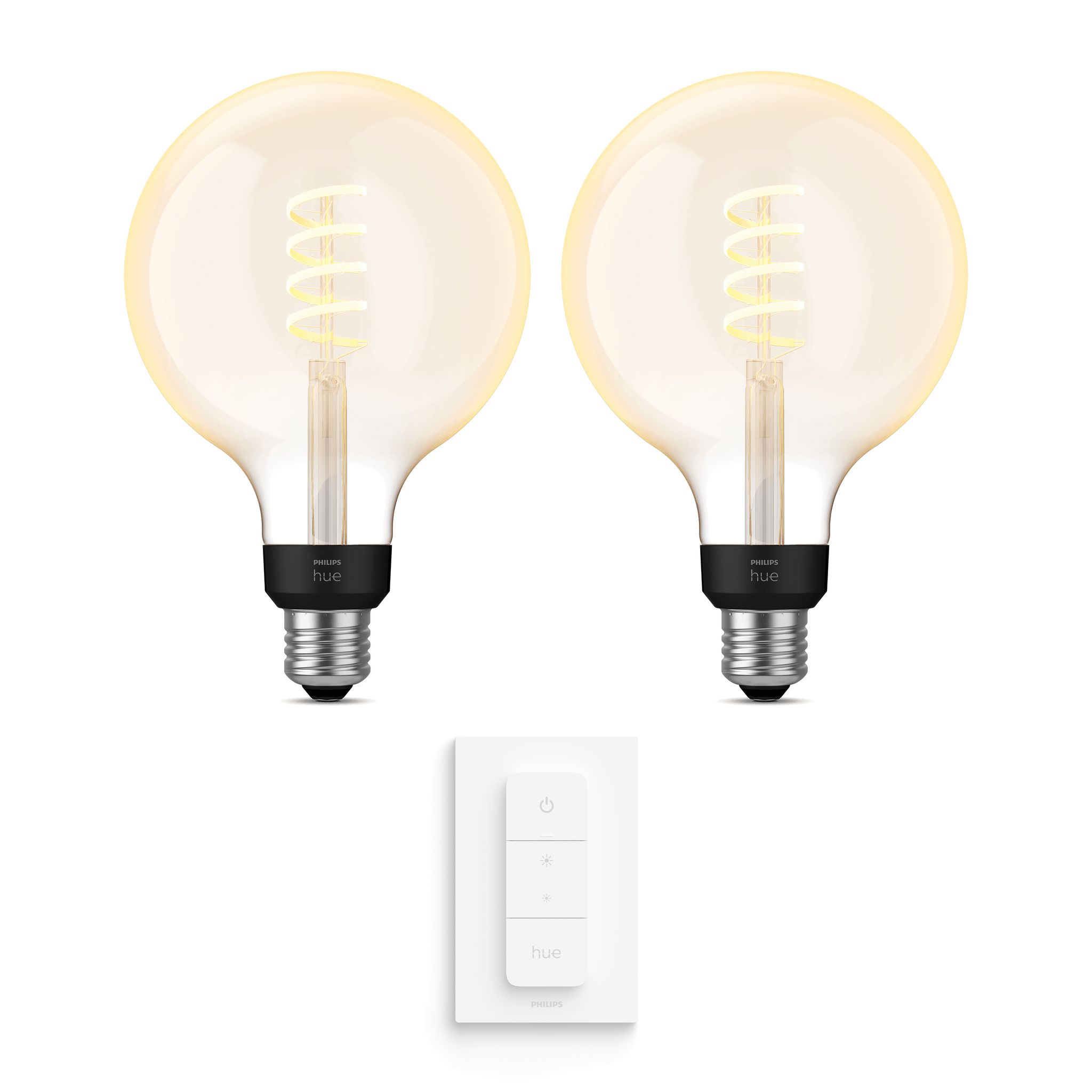 Philips Hue Erweiterungspaket E27 Mit 2 Filament Globe Lampen Groß (g125) Warm Bis Kaltweißes Licht - Inkl. 1 Dimmschalter - White Ambiance