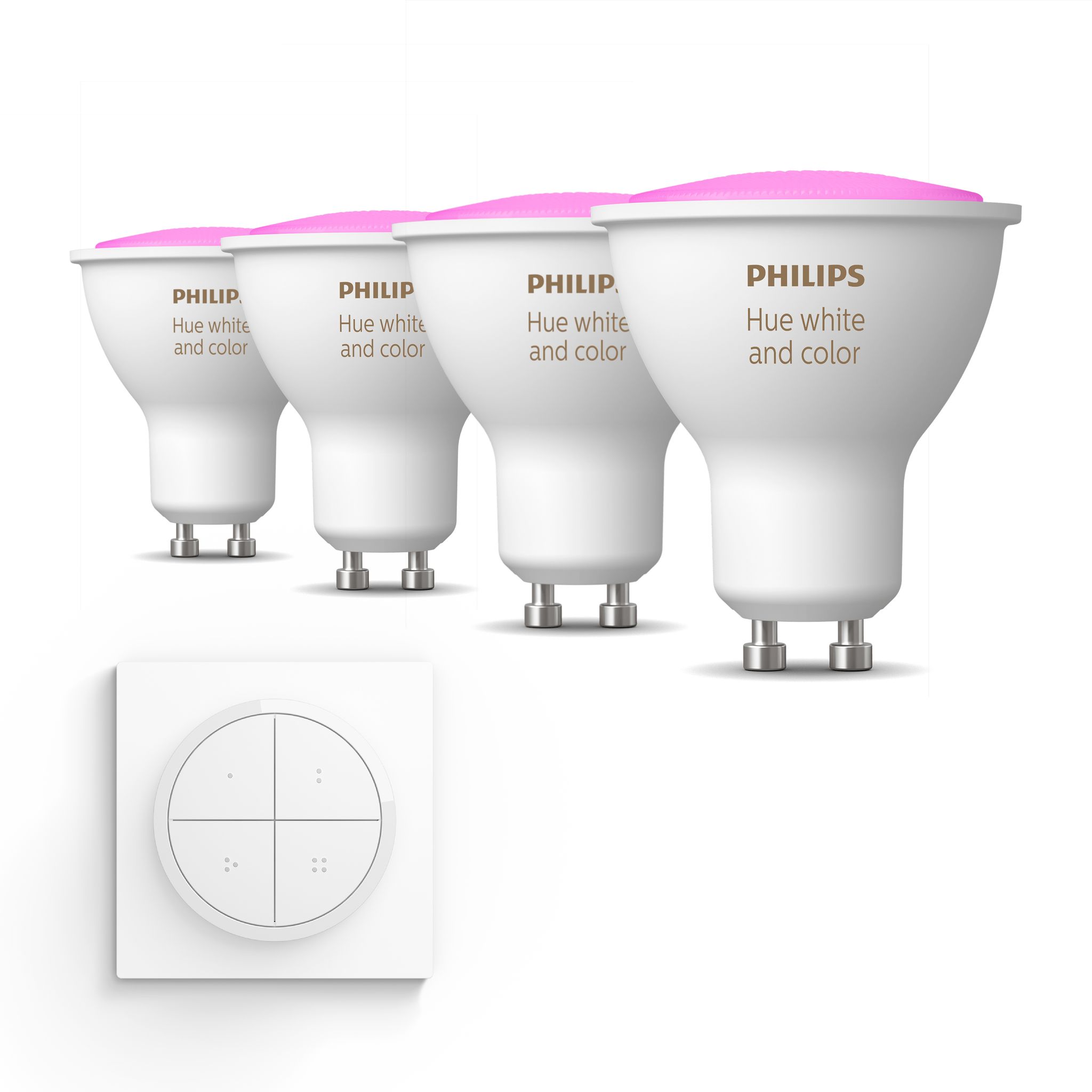 Philips Hue Erweiterungspaket Gu10 Mit 4 Led Spotlampen Weißes Und Farbiges Licht - Inkl. 1 Dial Schalter (weiß) - White And Color Ambiance