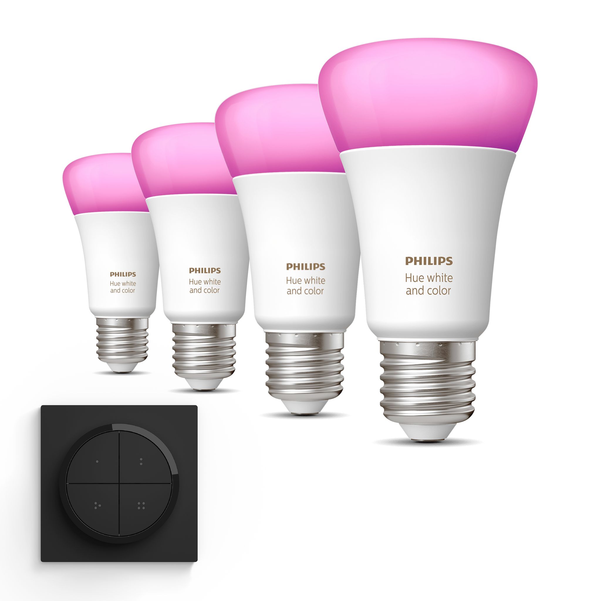 Philips Hue Erweiterungspaket E27 Mit 4 Standard Lampen Weißes Und Farbiges Licht - Inkl. 1 Dial Schalter (schwarz) - White And Color Ambiance