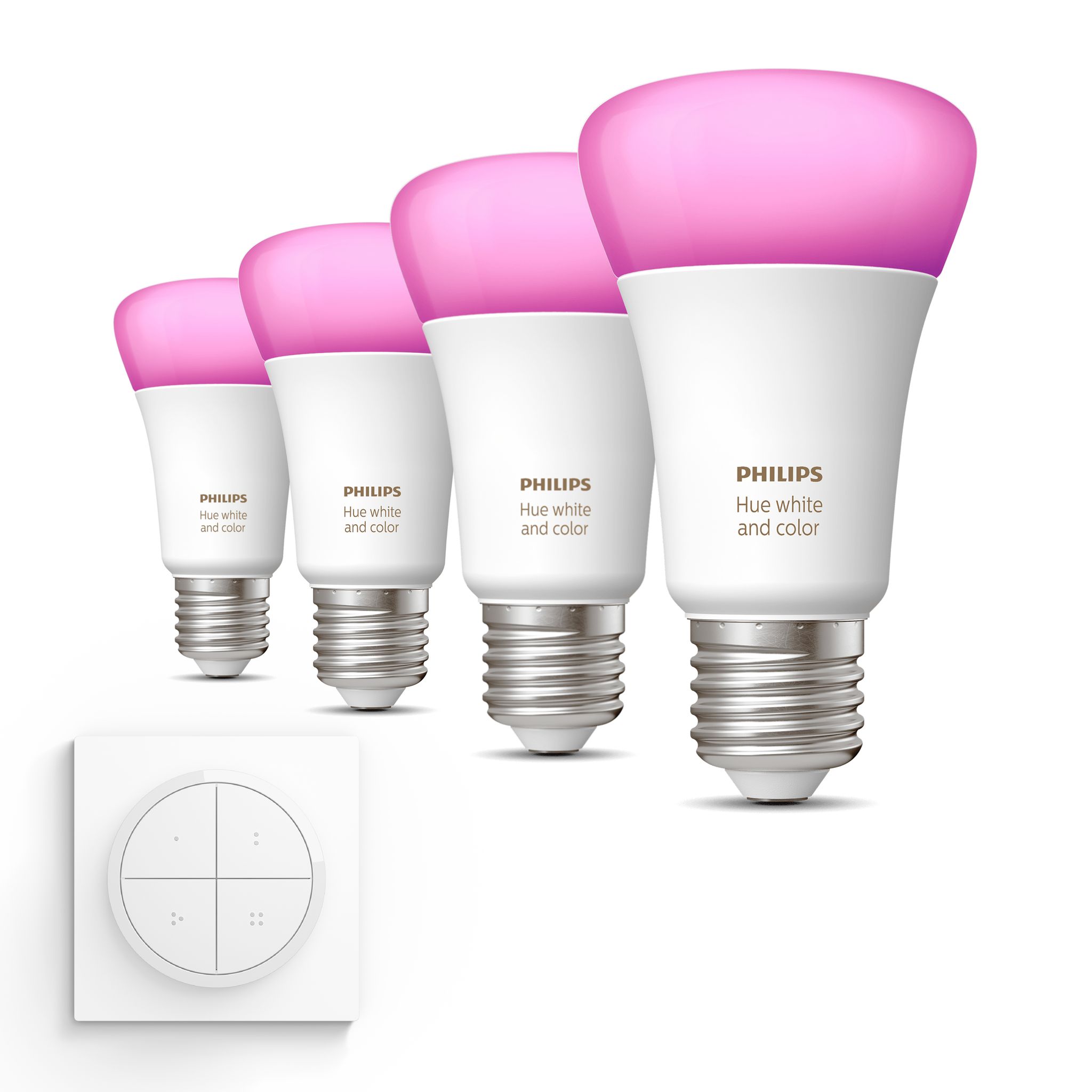 Philips Hue Erweiterungspaket E27 Mit 4 Standard Lampen Weißes Und Farbiges Licht - Inkl. 1 Dial Schalter (weiß) - White And Color Ambiance