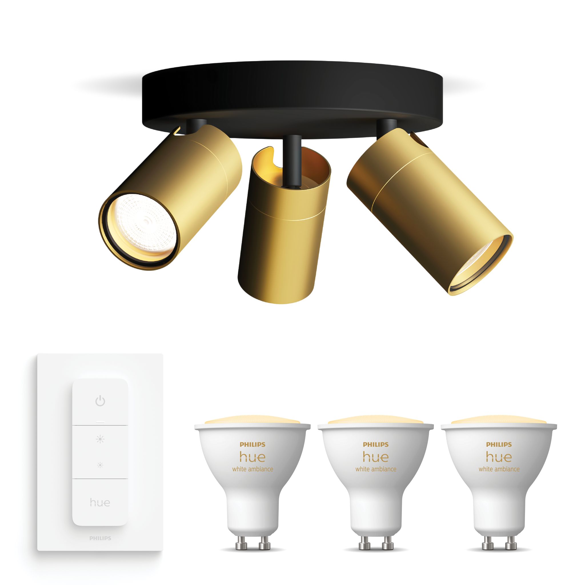 Philips Hue Idris Aufbauspot Für Badezimmer Mit 3 Lichtpunkten Gu10 (gold/schwarz) Warm Bis Kaltweißes Licht - Inkl. 1 Dimmschalter - White Ambiance