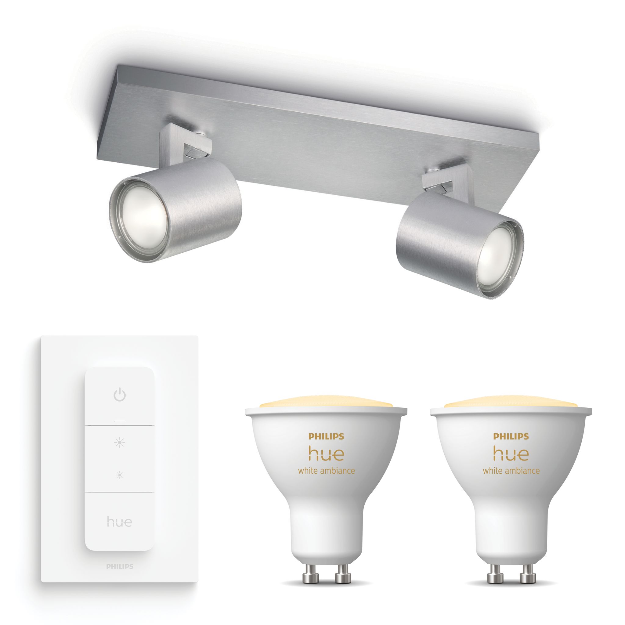Philips Hue Runner Aufbauspot Mit 2 Lichtpunkten Gu10 (aluminium) Warm Bis Kaltweißes Licht - Inkl. 1 Dimmschalter - White Ambiance