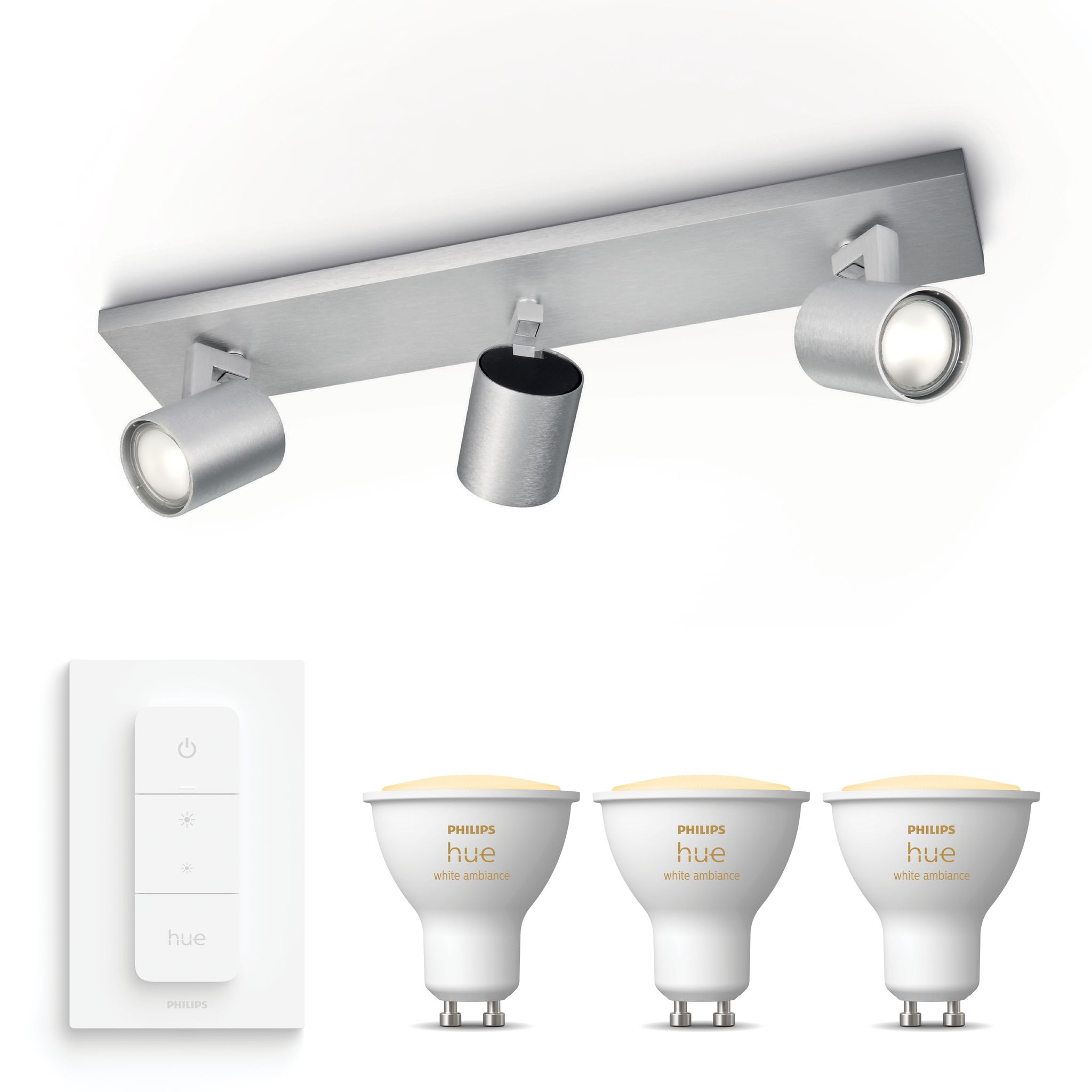Philips Hue Runner Aufbauspot Mit 3 Lichtpunkten Gu10 (aluminium) Warm Bis Kaltweißes Licht - Inkl. 1 Dimmschalter - White Ambiance