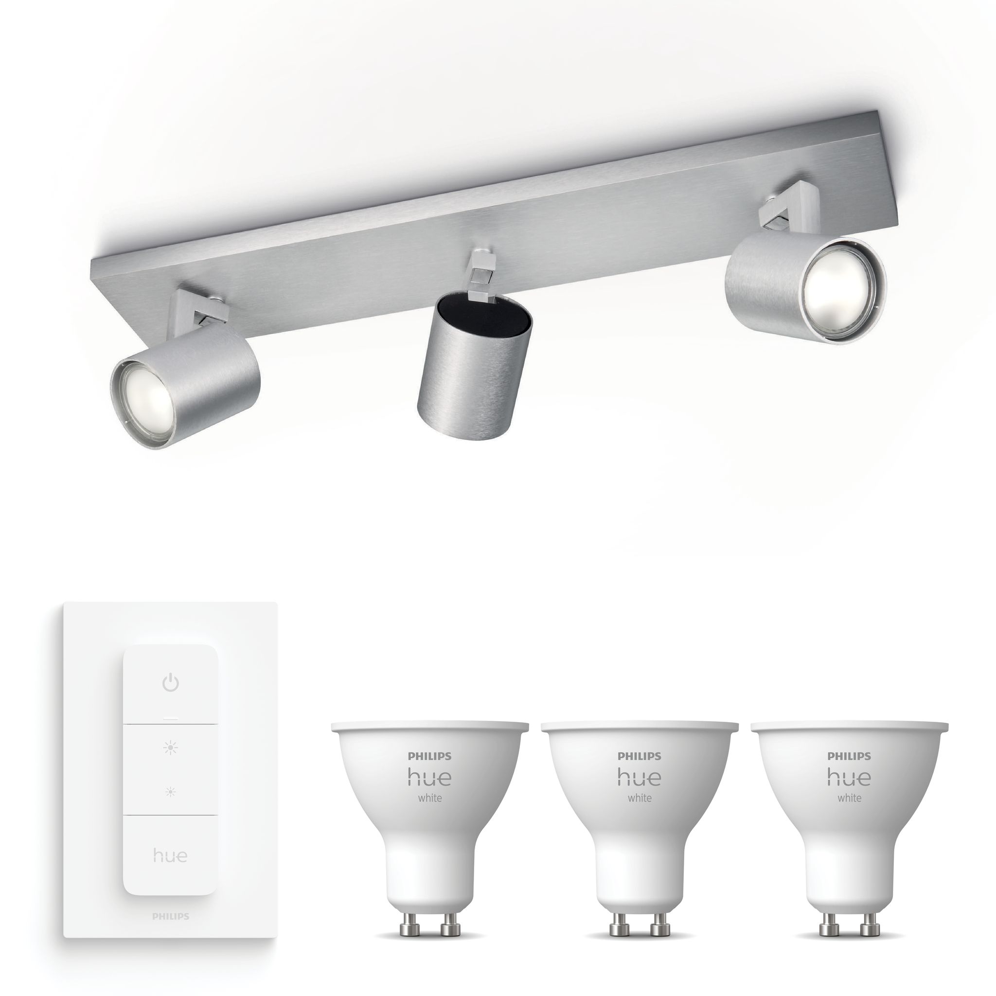 Philips Hue Runner Aufbauspot Mit 3 Lichtpunkten Gu10 (aluminium) Warmweißes Licht - Inkl. 1 Dimmschalter - White