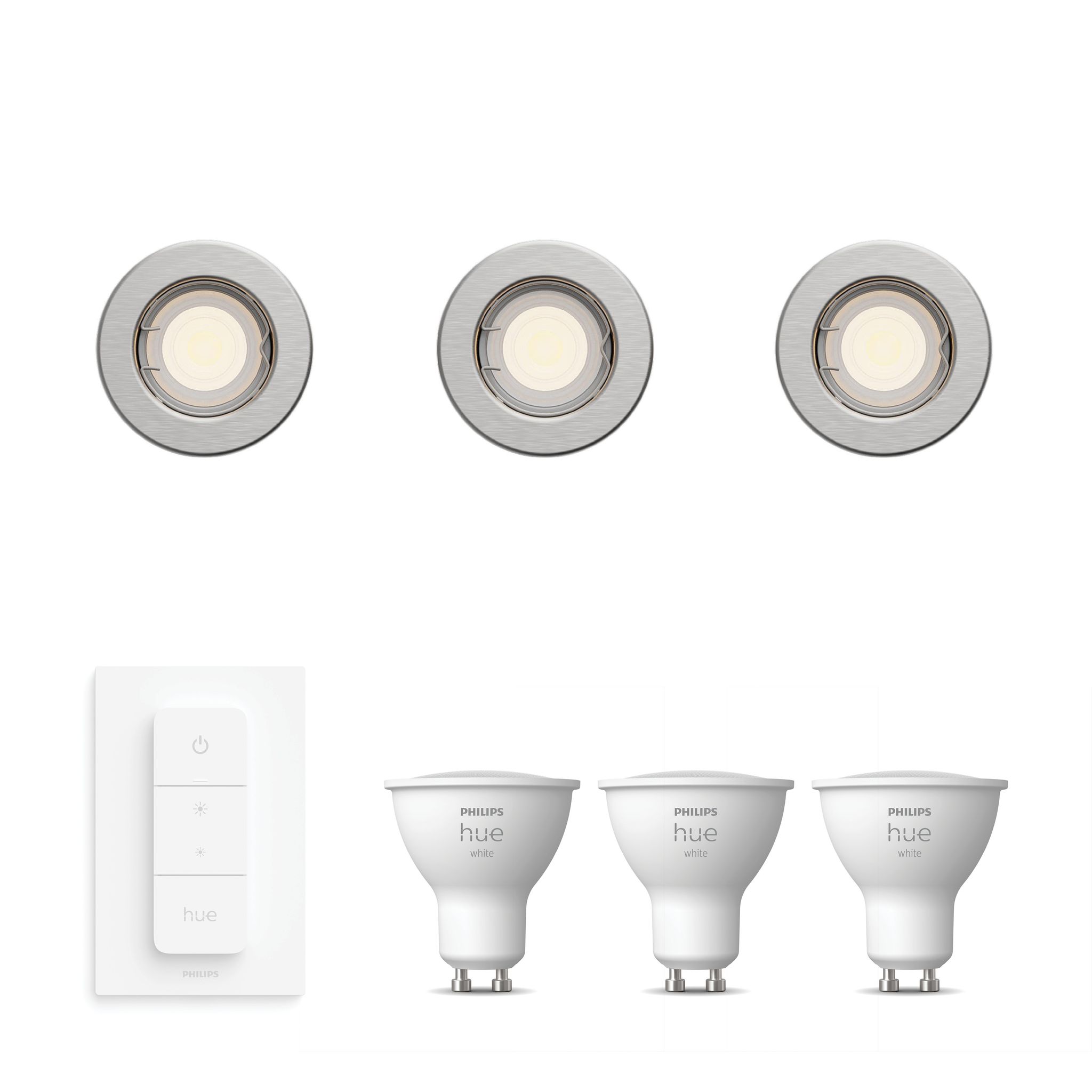 Philips Hue Peridot Set Mit 3 Nicht Schwenkbaren Einbaustrahler Gu10 (nickel) Warmweißes Licht - Inkl. Dimmschalter - White