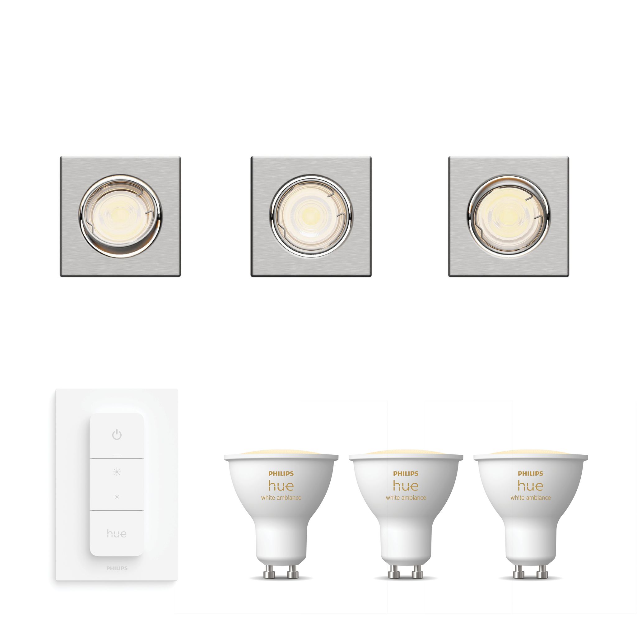 Philips Hue Peridot Set Mit 3 Nicht Schwenkbaren Einbaustrahler Gu10 (nickel) Warm Bis Kaltweißes Licht - Inkl. Dimmschalter - White Ambiance