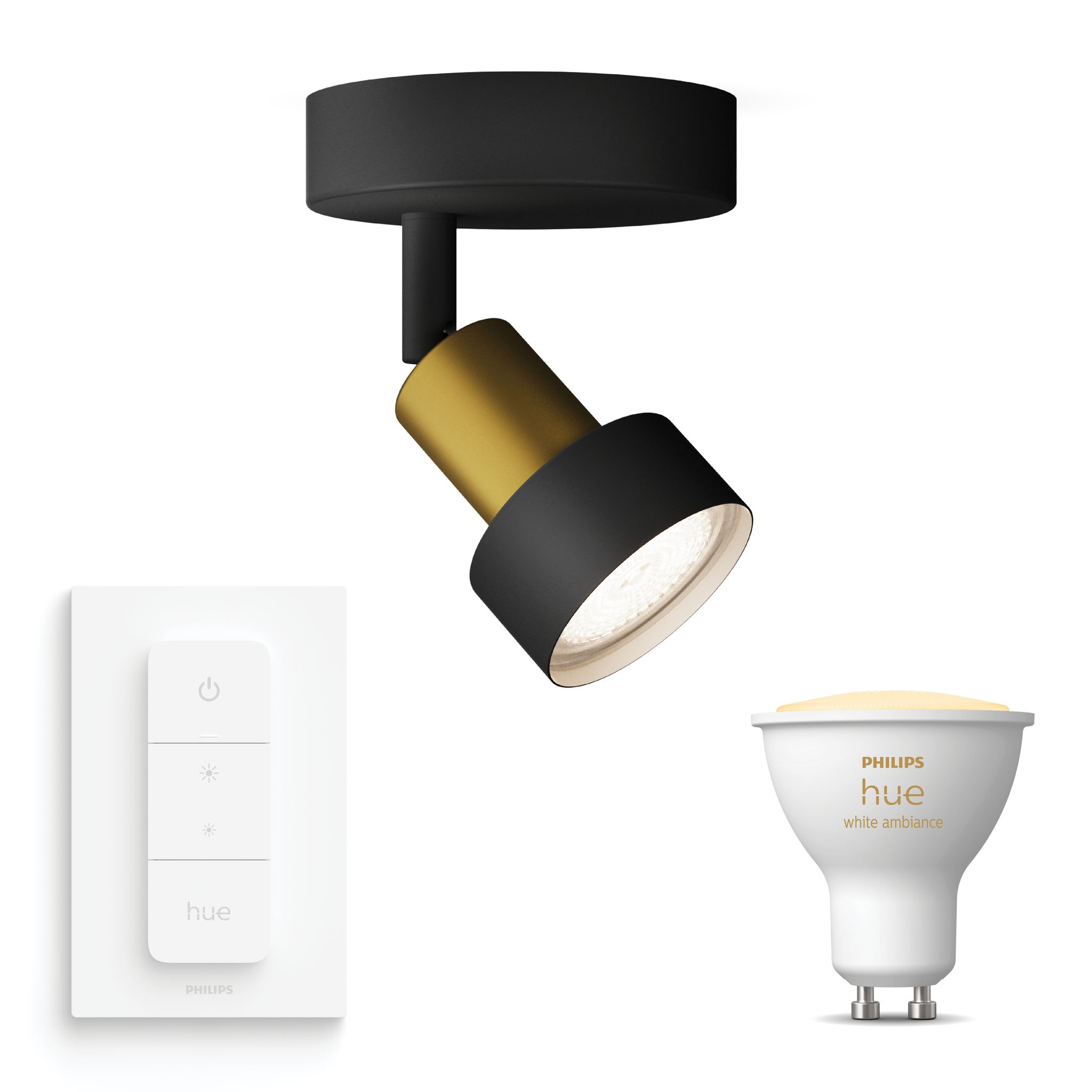 Philips Hue Conduit Aufbauspot Mit 1 Lichtpunkt Gu10 (gold/schwarz) Warm Bis Kaltweißes Licht - Inkl. 1 Dimmschalter - White Ambiance