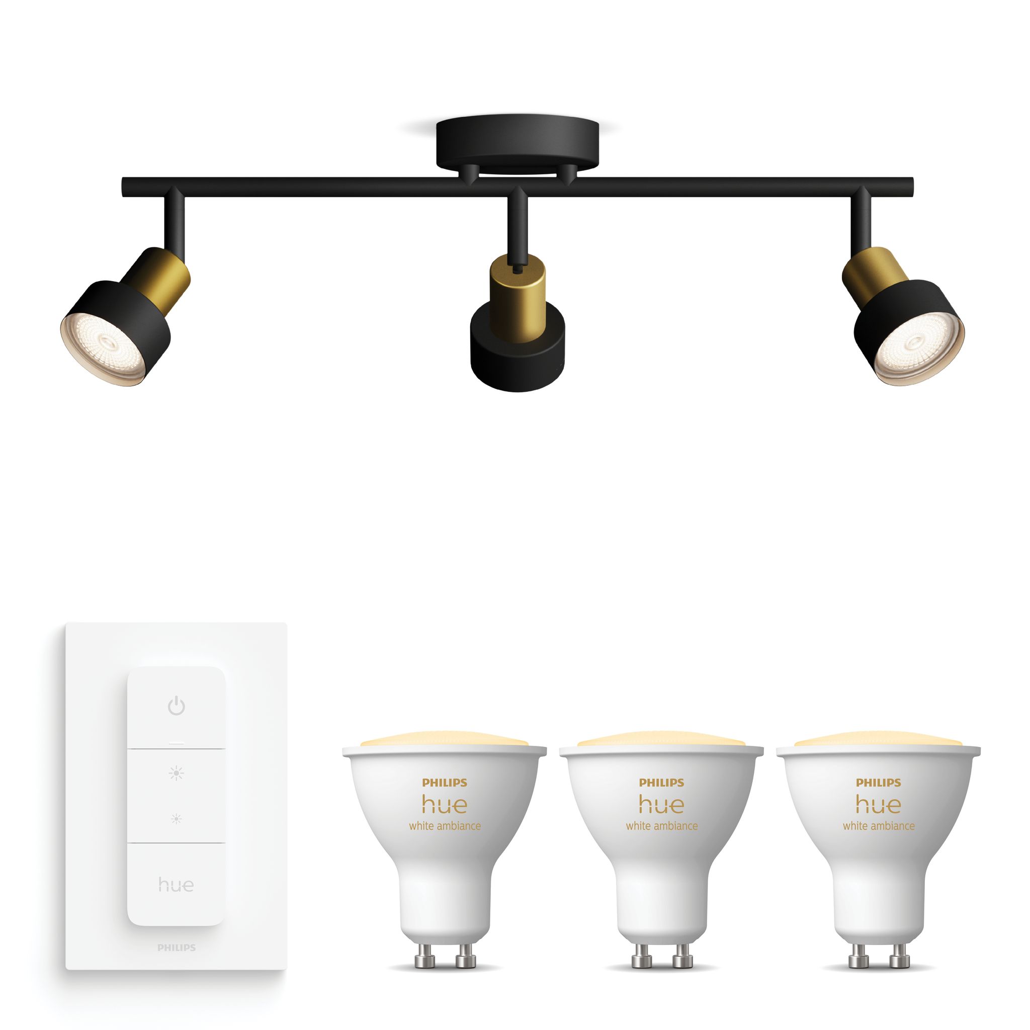 Philips Hue Conduit Aufbauspot Mit 3 Lichtpunkten Gu10 (gold/schwarz) Warm Bis Kaltweißes Licht - Inkl. 1 Dimmschalter - White Ambiance