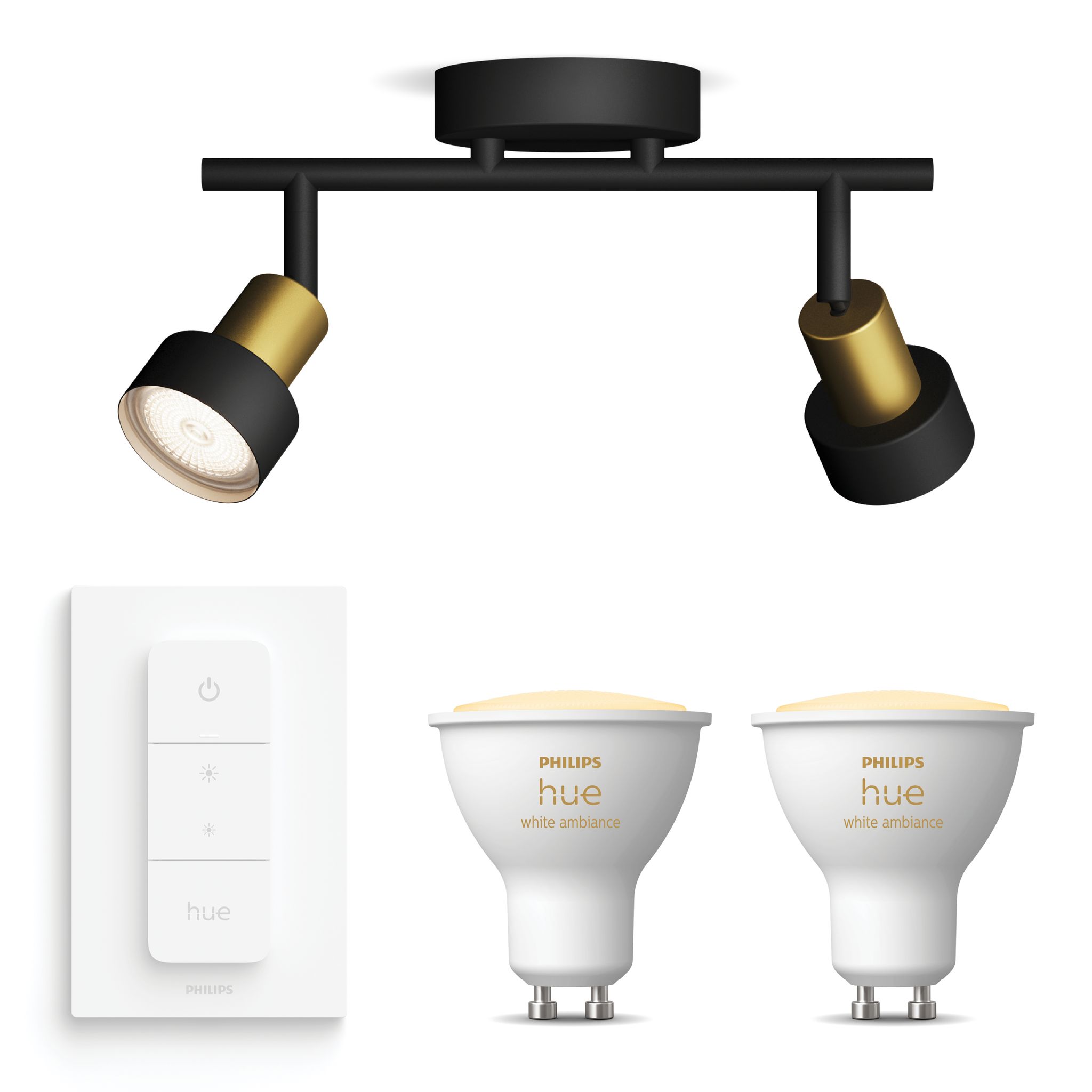 Philips Hue Conduit Aufbauspot Mit 2 Lichtpunkten Gu10 (gold/schwarz) Warm Bis Kaltweißes Licht - Inkl. 1 Dimmschalter - White Ambiance
