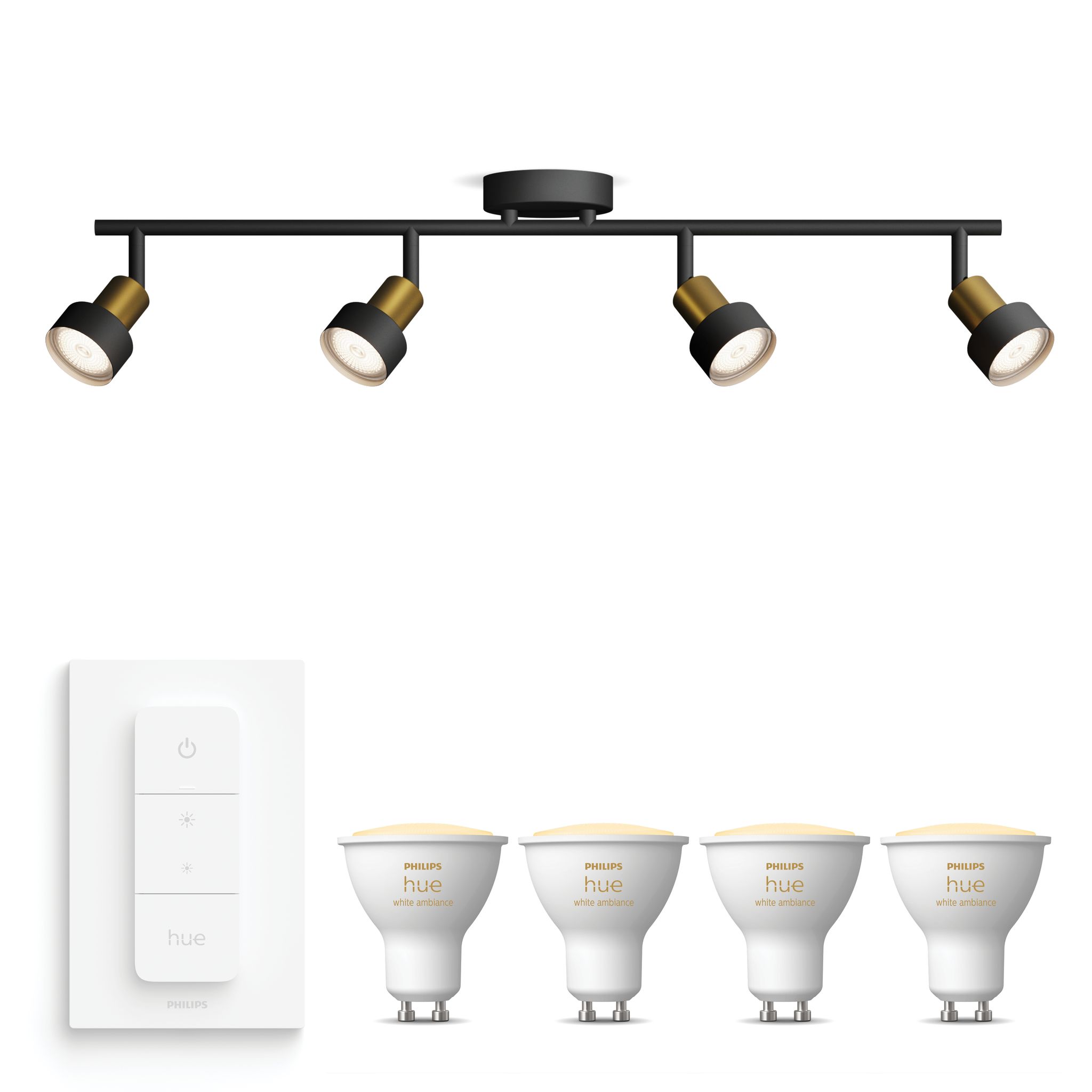 Philips Hue Conduit Aufbauspot Mit 4 Lichtpunkten Gu10 (gold/schwarz) Warm Bis Kaltweißes Licht - Inkl. 1 Dimmschalter - White Ambiance